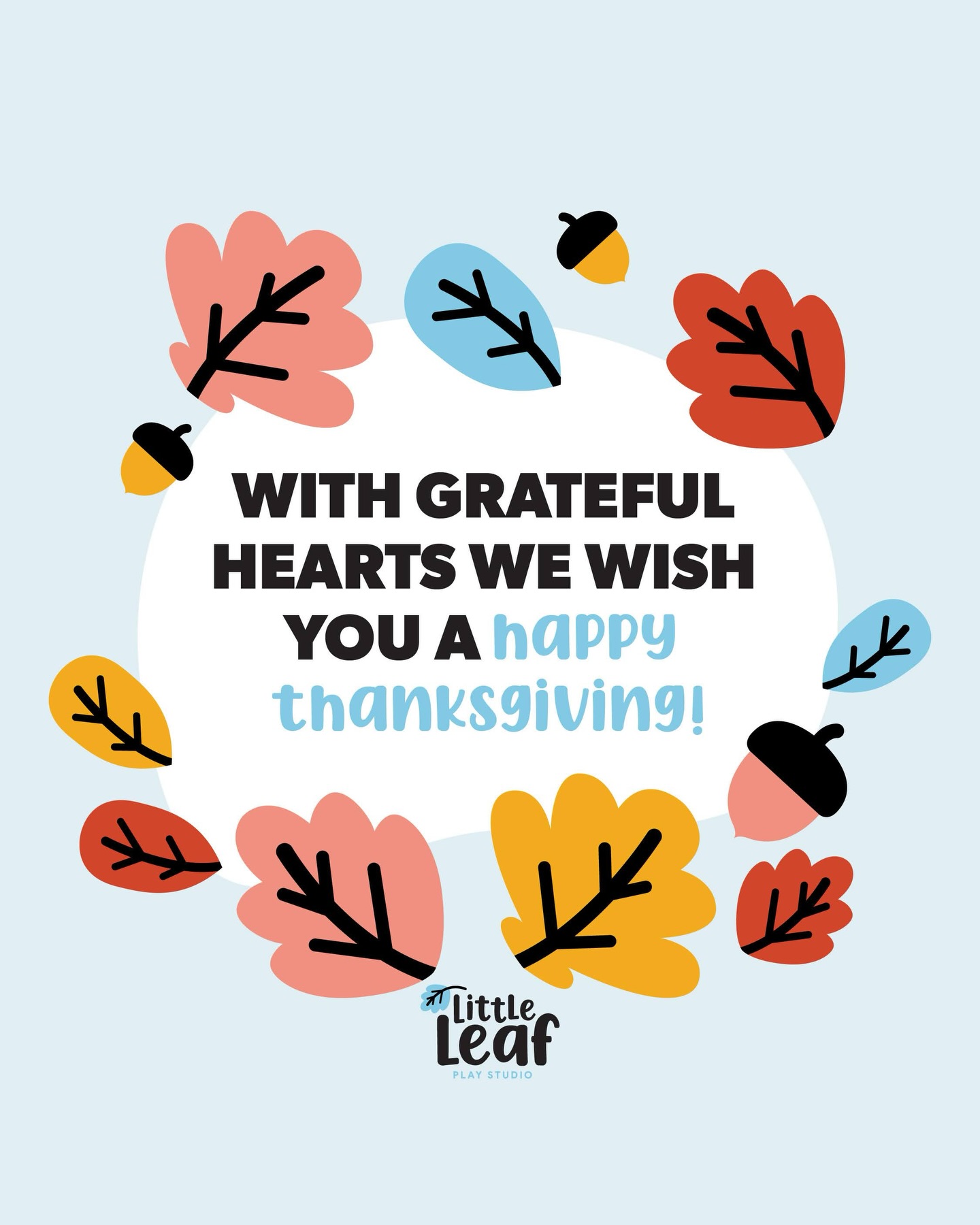 We wouldn’t be here without you. Wishing you a Happy Thanksgiving 🍂🍁
We will reopen for play ssssions on Friday 11/28 at 9:00am. Online reservations are highly encouraged - www.LittleLeafPlayStudio.com/play