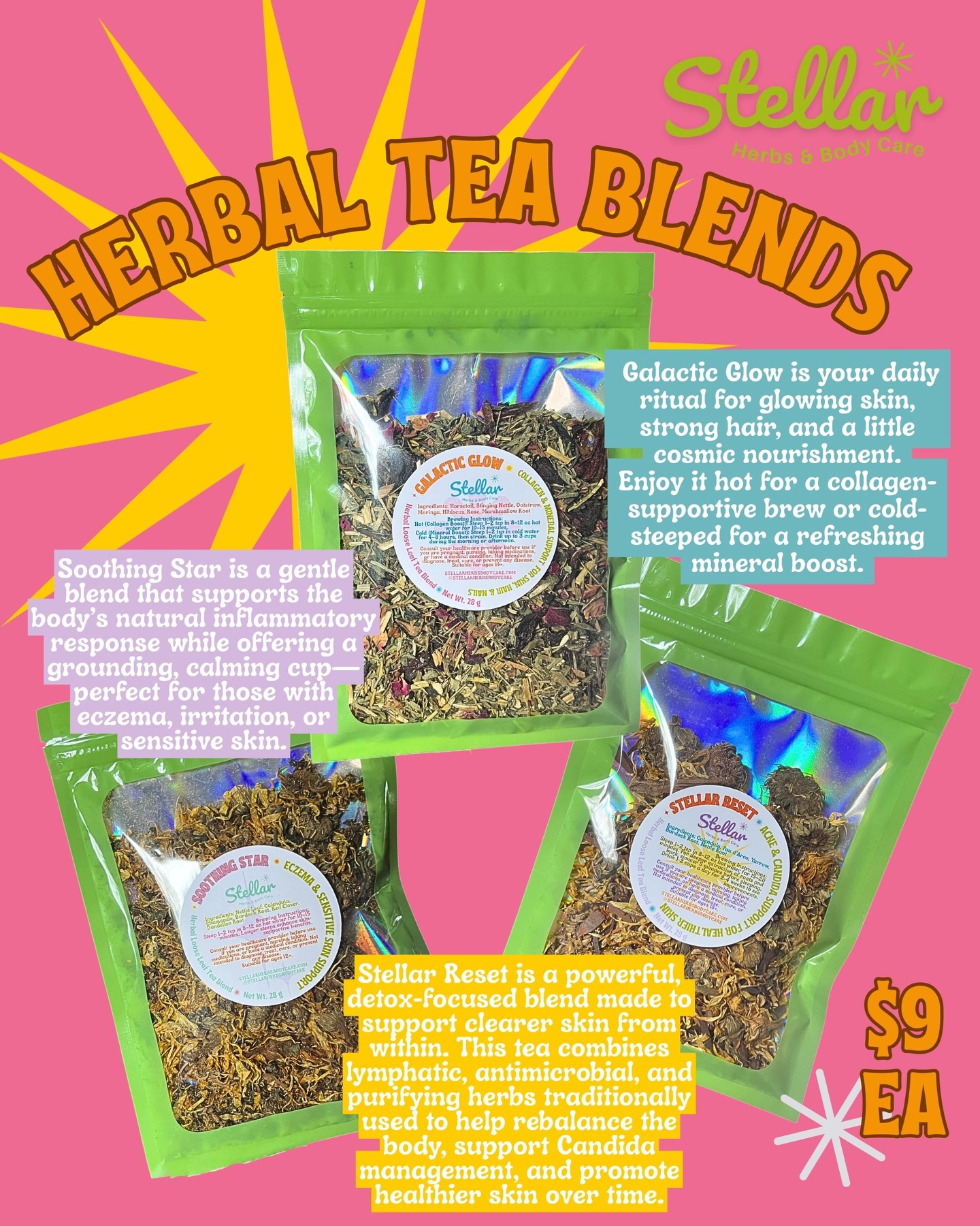 🚀LIFT OFF! My herbal tea blends are officially here!
For the last two years I’ve poured my heart into creating body care products to support your external wellness and I’ve been listening closely to the areas you all need support with on the inside, too.
Because we all know healthy skin starts from within. 💫
Last weekend I debuted my first 3 herbal blends:
🌌 Galactic Glow – collagen & mineral support
🔥 Stellar Reset – acne, candida & detox support
✨ Soothing Star – eczema & sensitive skin support
And guess what? I’m not done. Stay tuned this weekend for 3 more blends dropping:
🌿 Cosmic Clear – allergy & respiratory support
🌙 Lunar Ease – mood & menstrual comfort
☀️ Solar Plexus – gut-soothing, comforting core support
I can’t wait for you to sip on my cosmic creations!!
My herbal tea blends are available at @mercado.536 & Sundays at @oammarket 🌿