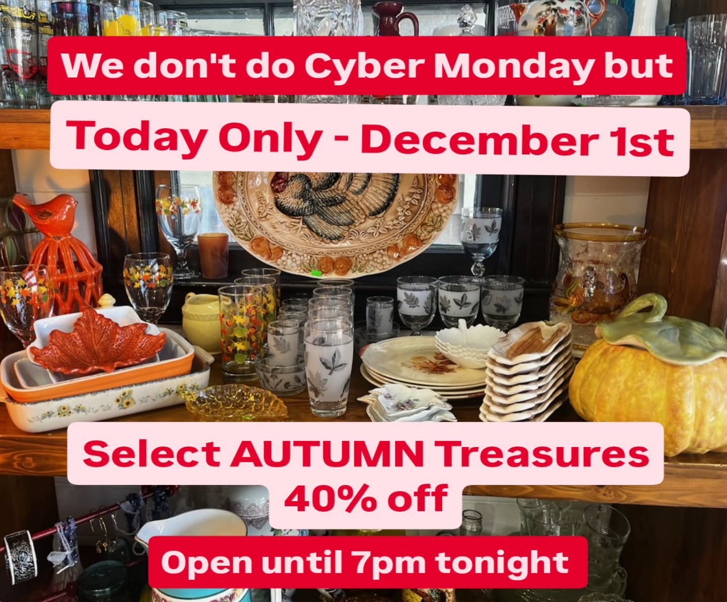 We have a shelf of some really beautiful Fall Treasures on sale today! 40% off!! Come take a break from sitting on your computer or phone ... touch glass !
#smithvillenj #historicsmithville #historicsmithvillenj #GlassNookSmithville #glassnook #treasuresale #vintageglass