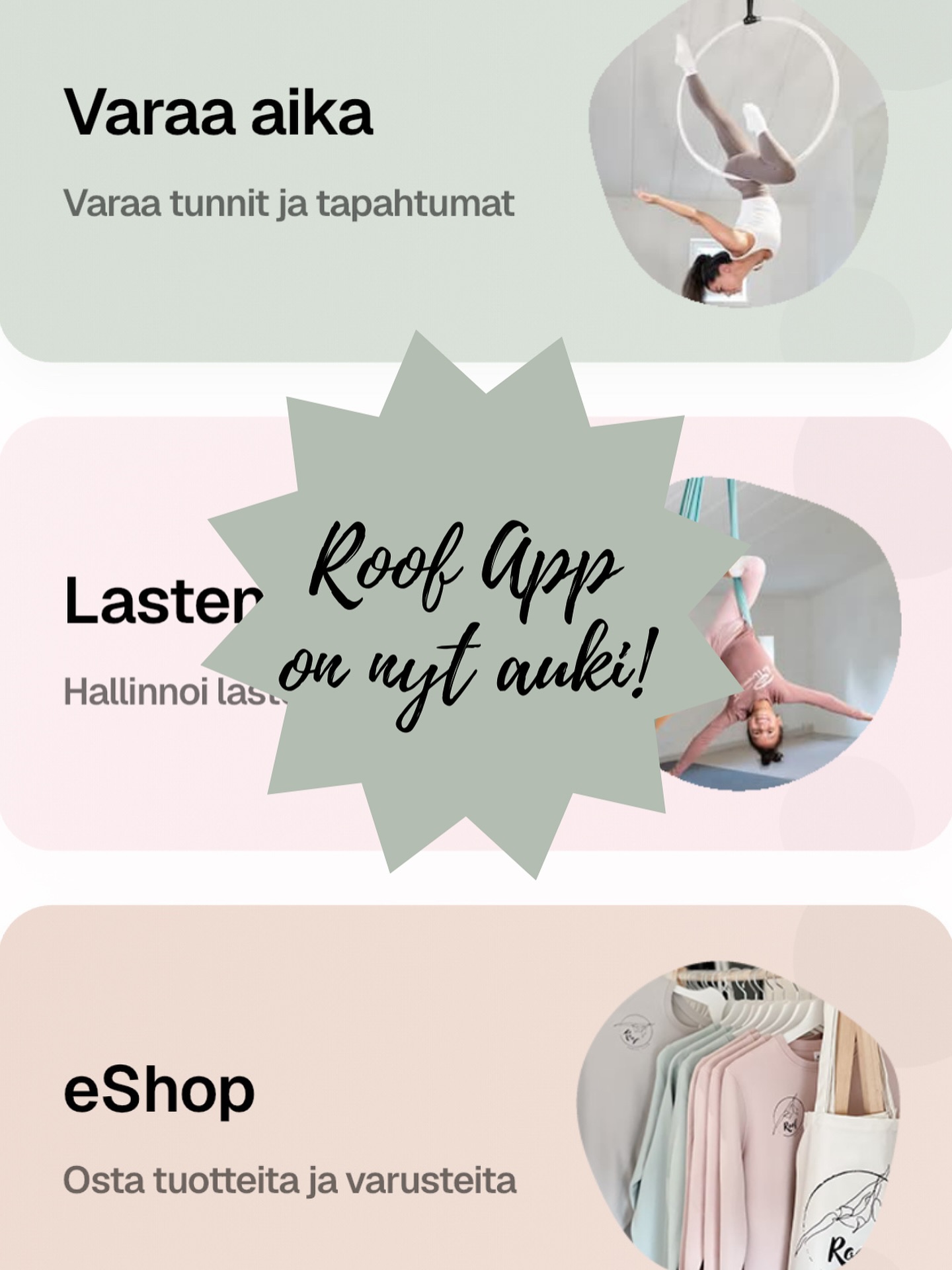 ROOF APP ON AUKI! 🤩
kevätkauden ilmoittautuminen on nyt alkanut uudessa ROOF APP:ssa. Jatkossa sekä lasten, että aikuisten tunnit varataan oman app:imme kautta, jonka kautta lähtevät myös laskut. Lataa siis Roof app App Storesta tai Play kaupasta ja tutustu tuntivalikoimaan. 🤸🏼♂️
Kevätkauden 2026 aikuistentunnit on varattavissa uudessa järjestelmässä ja sinun tulee luoda uudet tunnukset varataksesi tunteja.
Clubilaisuuden ja sarjakortit ostat nyt myös kätevästi appin kautta! 🛒
Käytämme varaaheti.fi varausjärjestelmää 7.1. saakka, joten joululoman ajan tunnit varataan vielä sitä kautta. Kevätkauden alettua varaaheti.fi poistuu käytöstä.
Mikäli vanhassa järjestelmässä on sarjakortteja voimassa, siirrämme ne uuteen.
Tervetuloa Roofille! ✨
#roofapp #ilmoittautuminen #kevätkausi #roofaerialclub #tankotanssi #tankoakrobatia #ilmaakrobatia #poledance #aerialacrobatics #aerialhoop #rengastrapetsi #lastenharrastukset #aikuistenharrastukset #aikuistenakrobatia #malmi #koillishelsinki #malmillatapahtuu #sirkus #akrobatia #käsilläseisonta
