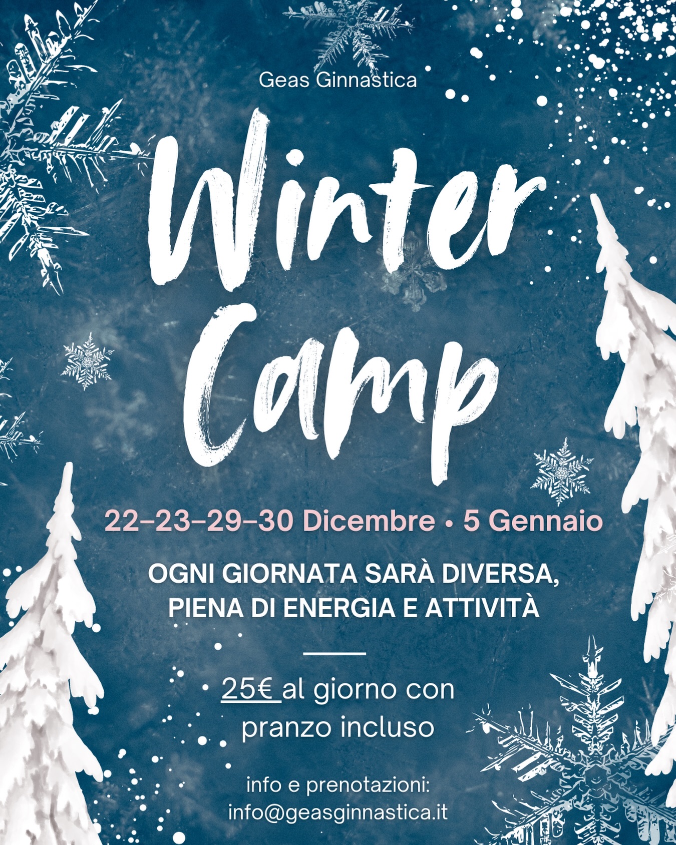 ❄️ Winter Camp GEAS – Dicembre & Gennaio ❄️
Vivi le feste in movimento! 🎉
Il 22, 23, 29, 30 dicembre e il 5 gennaio ti aspettiamo per giornate piene di divertimento, sport e nuove amicizie!
✨ Cosa ti aspetta:
• Pattinaggio sul ghiaccio al Parco Bergamella ⛸️
• Giochi e attività ludiche in palestra 🎯
• Coreografie speciali da imparare insieme 💃
💰 Solo 25€ al giorno, pranzo incluso! 🍽️
Non perdere l’occasione: partecipa al Winter Camp e rendi queste feste indimenticabili! ✨