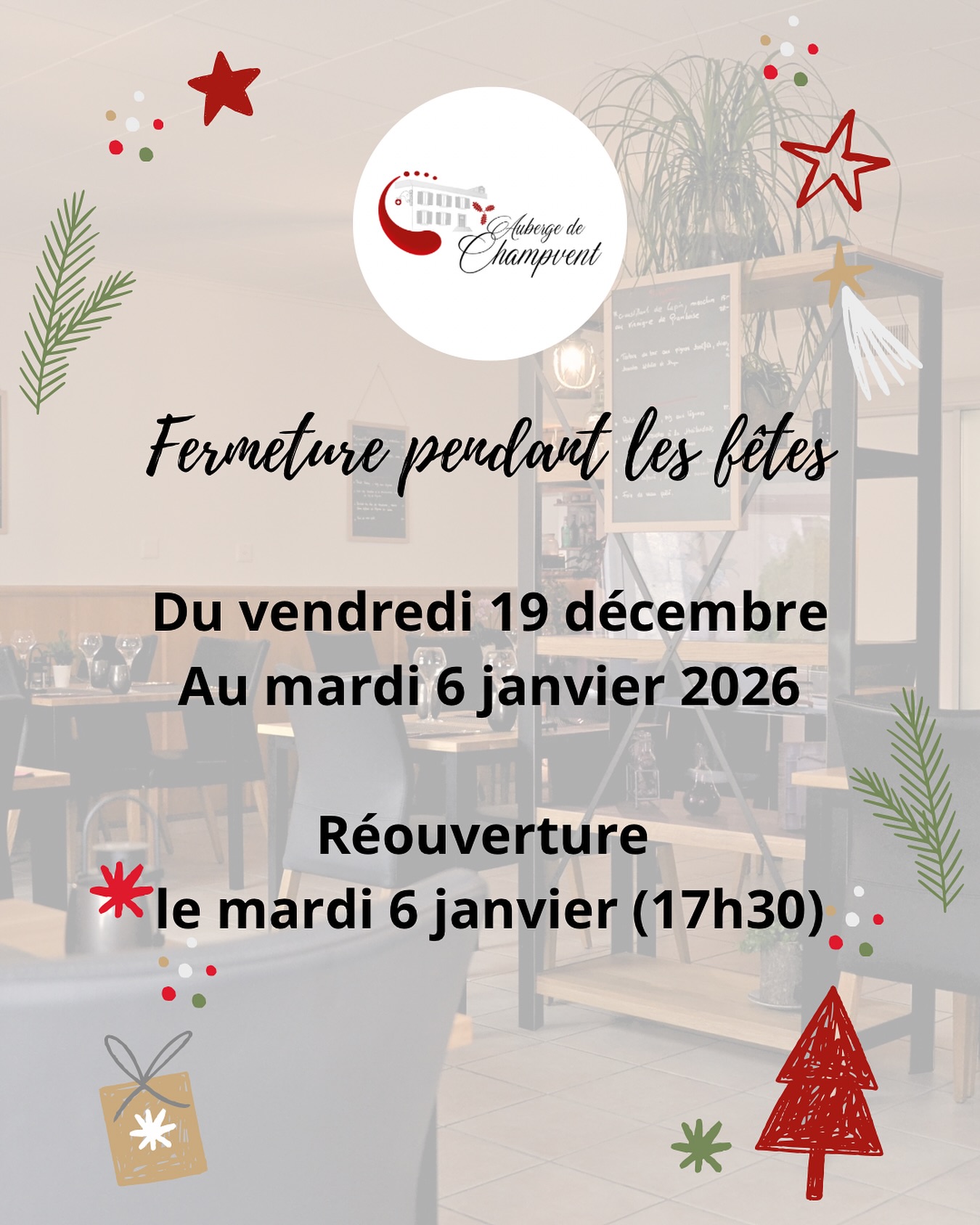 On vous souhaite de très belles fêtes de fin d’année, un grand merci pour votre fidélité et on se réjouit de vous retrouver pour de succulent moments culinaires en 2026 ✨