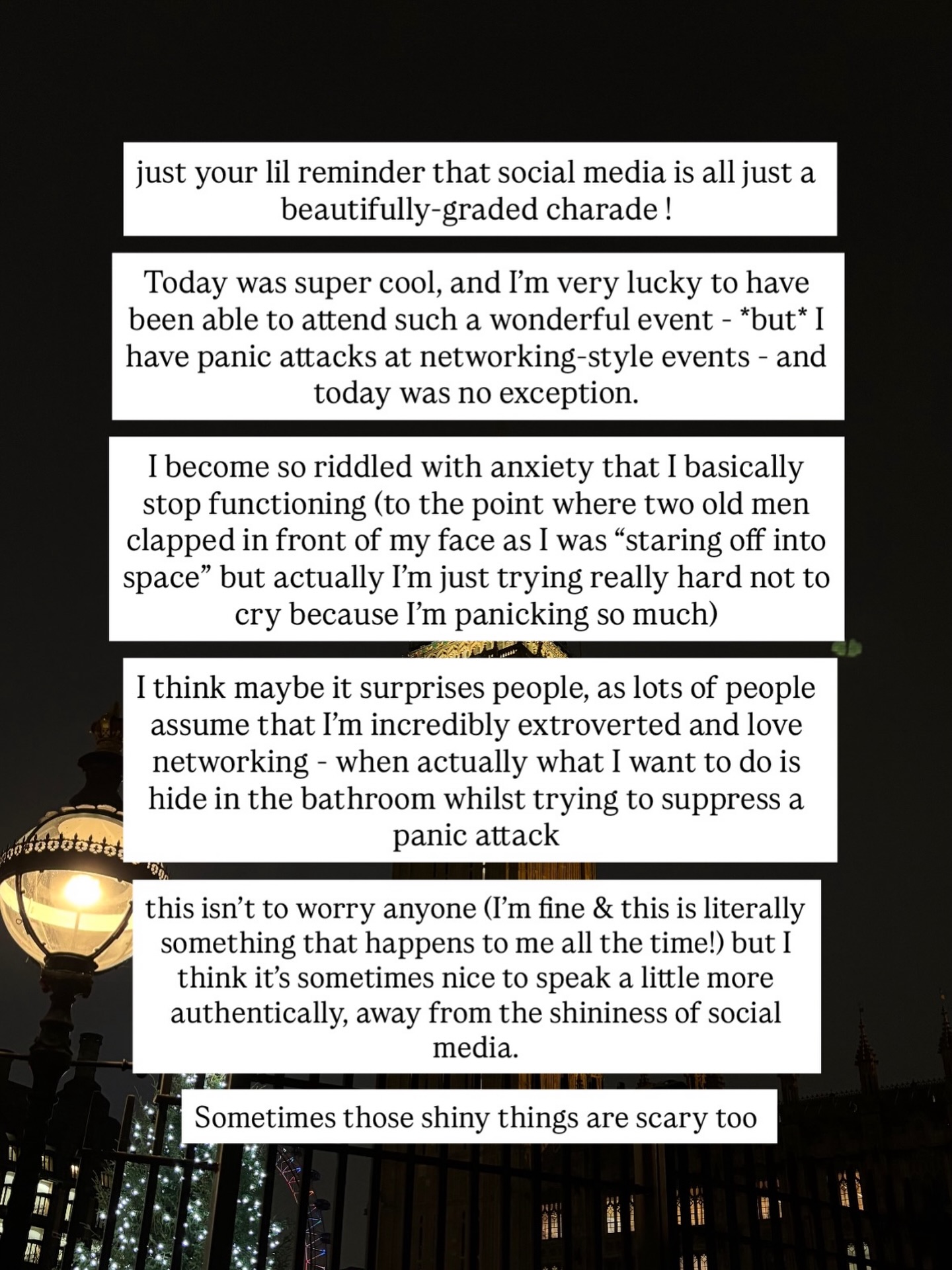 Popping this on the grid as I’ve had so many messages from so many of you who have resonated with this ❤️🩹
One of you mentioned how it makes a difference once someone says they’re feeling anxious at an event - it causes a wave of other people saying they’re feeling the same way.
I think this is so heartwarming to hear. So often we feel like we’re alone with our anxiety & panic - so it genuinely does make a difference finding out others are the same 🫶🏻
Lots of you have also messaged with tips & tricks, things you’ve learnt that help you stay grounded & present - so I’d really encourage y’all to share them with each other below ❤️🩹
Sending hugs !!
.
.
.
#anxiety #mentalhealth #panicattacks #neurodiversity #grounding