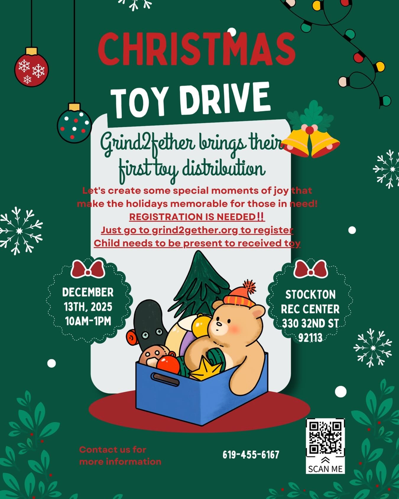 Update! I want to thank everyone and each of you that has register and make our first toy drive successful!!! ,, also I want to remind you that doors will be open at 9 AM and breakfast will start at 9:30 first come first serve to the first 350 people, note that games, music jumpers, Santa and all the fun. Will still going on till 1 PM.. from ##Grind2gether## team, we wish you a happy holiday season!!