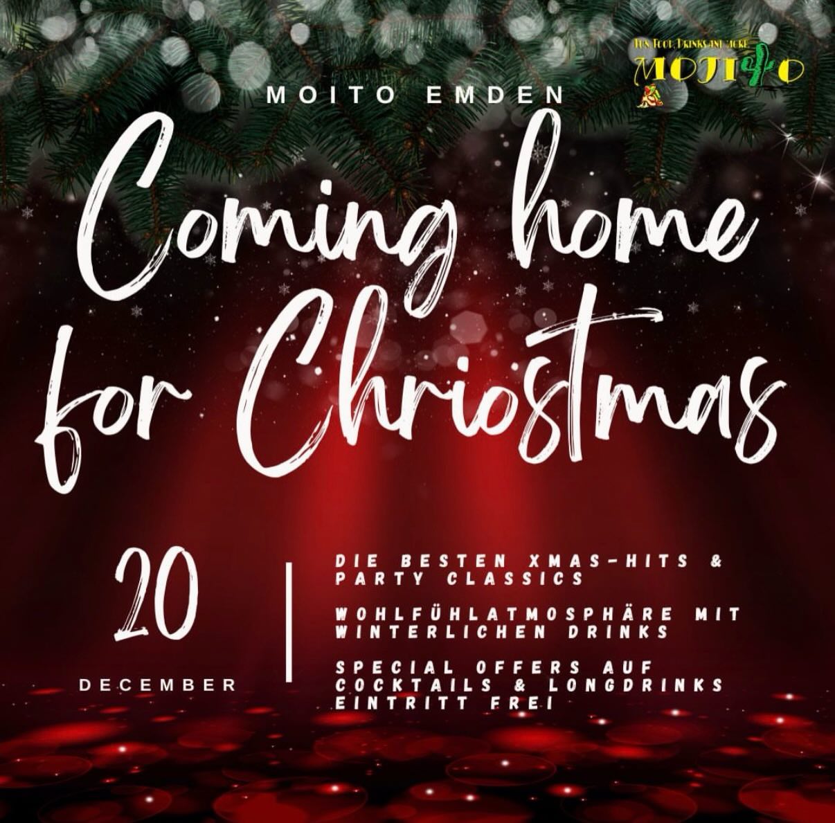 Heute geht’s rund bei unserer Homecoming Christmas Party 🎄✨
Glühende Beats, kalte Drinks, warme Vibes und endlich wieder zusammen anstoßen.
Komm vorbei, bring deine Lieblingsmenschen mit und feier mit uns Weihnachten auf unsere Art.
Ab 20 Uhr geht’s los –
vorher entspannt essen, ankommen und die ersten Cocktails schlürfen 🍸✨