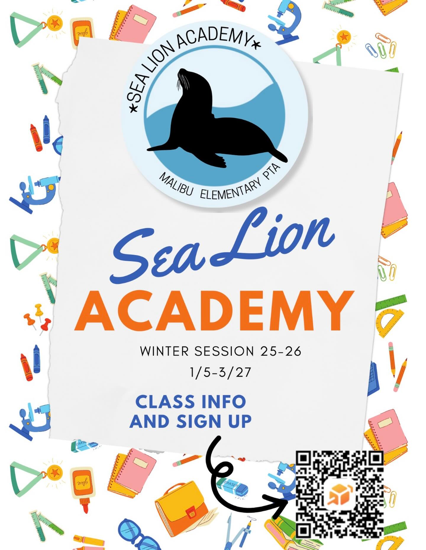 Sea Lion Academy WINTER 25-26
SLA WINTER SESSION 25/26❄️🦭
LINK IN BIO ☃️
🦭
We are delighted to announce the LAUNCH of our Winter Session of SEA LION ACADEMY!!!
Our after-school program is designed to support students academically while providing opportunities for creativity, exploration, and fun. This program combines remediation for academic growth and enrichment for skill development beyond the classroom.
🦭
Space is limited, and enrollment will be accepted on a first-come, first-served basis. Please note: classes with low enrollment will be subject to cancellation, so SIGN UP TODAY!
🦭
SLA MADE POSSIBLE BY THE MES PTA
Scholarships and financial aid available. Contact Robyn Estela for more information.