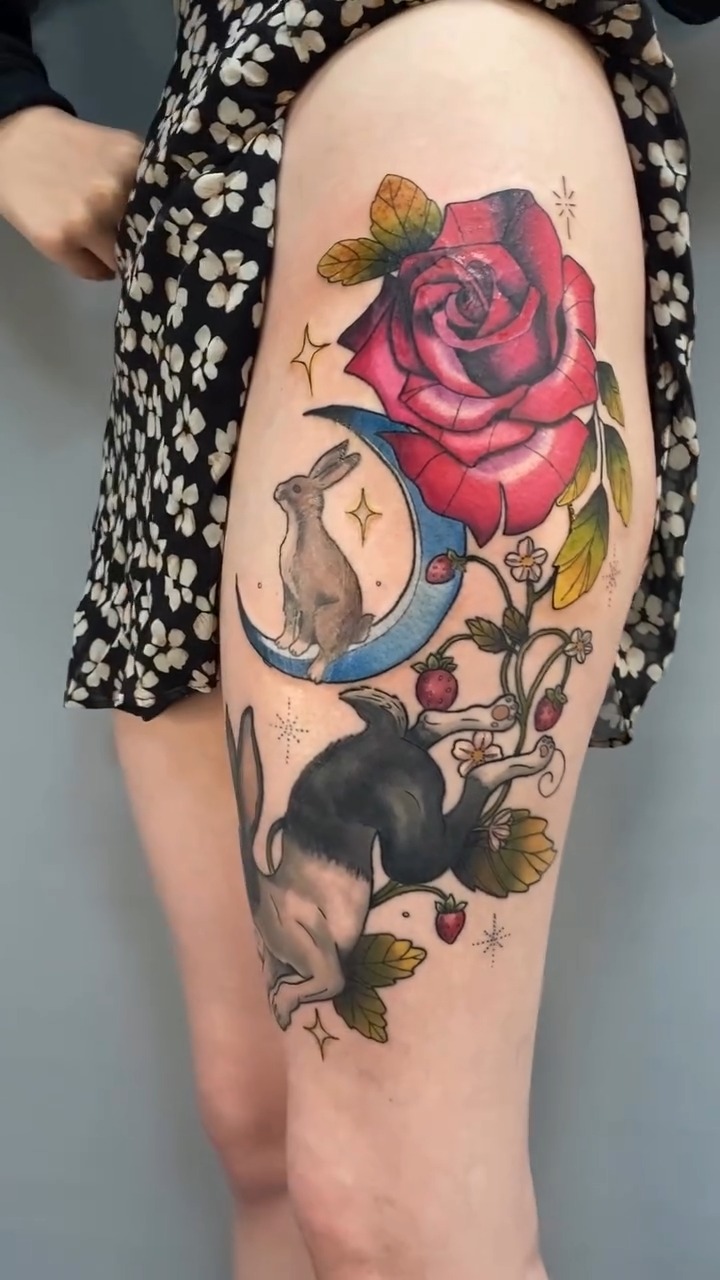 @lientietattoos Would you believe this is their first tattoo? They absolutely smashed sitting through a couple of day sessions to get this big leg piece!
Based on a design on their composition, which I then tweaked and drew up.
They’re big on rabbits so went with a big Dutch rabbit for the main one, and then a lil guy sat on the moon.
Lower section is healed, top is fresh.
Had so much fun doing this piece, it was nice to do a more neotrad style tattoo. I especially loved the idea of strawberry plants entwining the elements ✨
Thanks again for coming in!
#tattoo #tattoos #legtattoo #neotradtattoo #colourtattoos