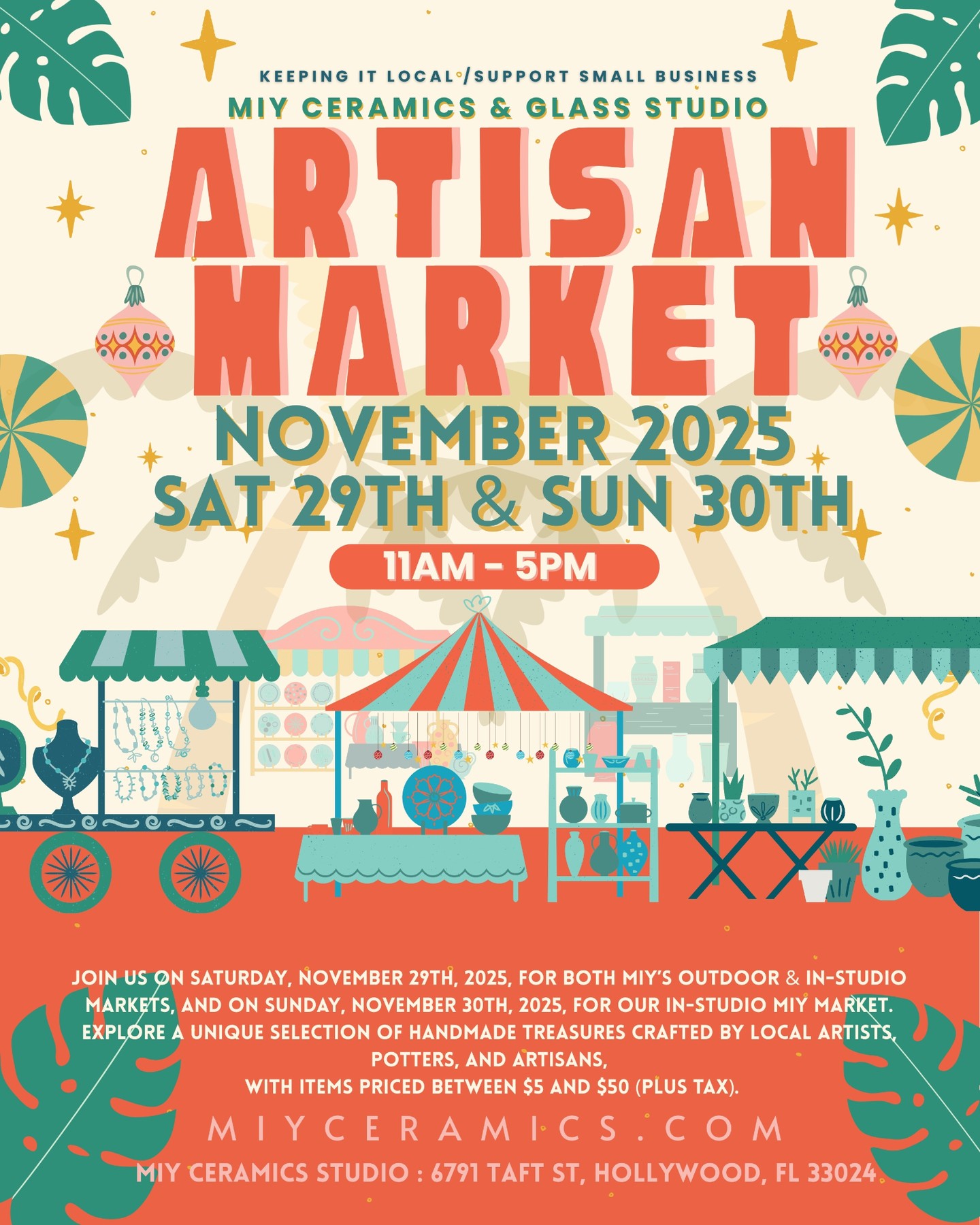 This is what community looks like. 💛
Our Artisan Market is intentionally small and boutique-sized—just the right scale to browse comfortably, meet your vendors, and really get to know the artists behind the work.
These photos from past markets (plus a peek at the studio getting ready!) show what makes this event special. It’s not about rows of mass-produced items—it’s about handcrafted pieces, unique treasures, and supporting the makers who pour their hearts into what they create.
When you shop local, you’re putting money and culture right back into our community. You’re supporting independent artists, encouraging creativity, and helping small businesses grow.
🛍 This year, we welcome new vendors, outdoor booths, and a diverse selection of handmade ceramics, art, and gifts—all from our talented instructors, students, and in-studio artisans.
📅 Small Business Saturday In Studio & Outdoor Market
🗓 Saturday, November 29th
⏰ 11 AM – 5 PM
📍 MIY Studios • 6791 Taft St, Hollywood, FL 33024
Just stroll over, browse at your own pace, and enjoy a relaxed day supporting local makers. And don’t forget—we’ll also have a second market on November 30th inside the studio only. Two days of handmade goodness and community connection. ✨
📅 In Studio
🗓 Sunday, November 30th
⏰ 11 AM – 5 PM
📍 MIY Studios • 6791 Taft St, Hollywood, FL 33024
Thank you for helping us keep small businesses strong and creative spaces thriving.
✨ Shop small. Shop local. Shop handmade. ✨