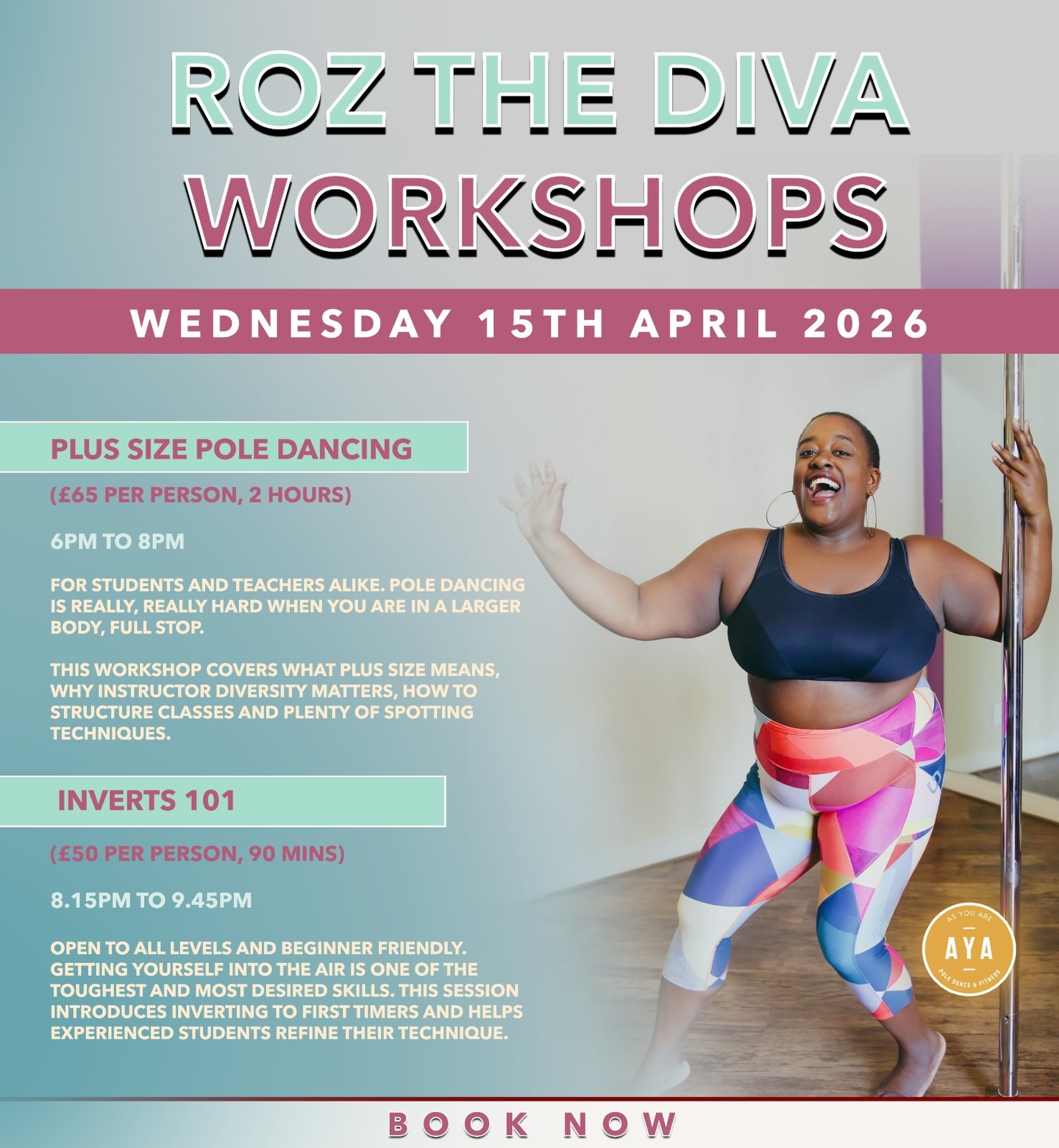 Roz the Diva is coming to AYA for two powerful workshops that celebrate strength and every body❤️🔥
🔹Plus Size Pole Dancing | 6pm to 8pm focuses on technique, confidence and inclusive coaching so you can move with freedom and feel supported-suitable for Instructors & Students.
🔹Inverts 101 | 8.15pm to 9.45pm introduces the foundations of getting into the air and helps you refine your technique at any level.
Two sessions. One unforgettable evening!
Click the link in our bio to book 🔗