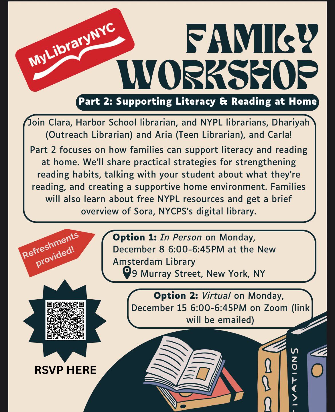 Last chance to join our Family Literacy Workshop in person tonight! 🎉📚
Come to the New Amsterdam Library at 9 Murray St. in lower Manhattan at 6 PM for perks you won’t get online:
On-the-spot library card sign-up & go home with your card!
Free books for teens!
NYPL & other free swag
Snacks & refreshments
…and more!
We’ll be sharing tips for supporting reading at home + walking families through great free resources. See flyer attached for more info.