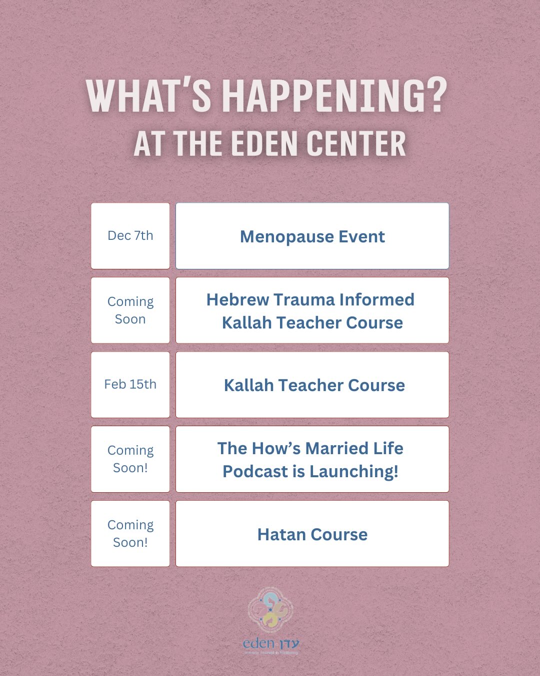 Whether you’re navigating menopause, settling into married life, or want to learn new ways to support others as they begin their own married journeys, The Eden Center has something for you. Explore our upcoming events and find the right experience for you!
#Mikveh #JewishWomen #JewishEvents #Judaism #WomenHelpingWomen