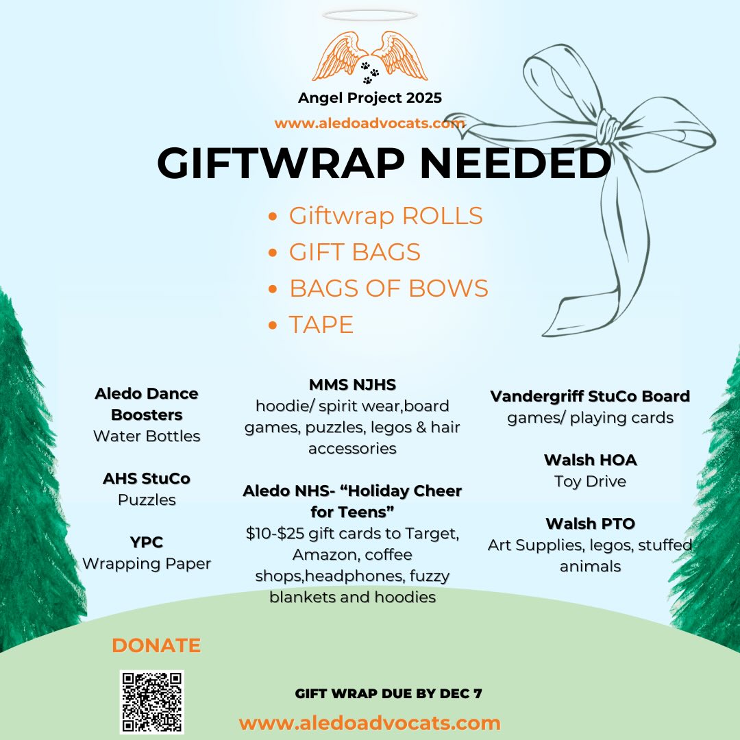 Angel Project UPDATE! Here is an updated list of drives and donations we have going this week (see graphic)! Thank you to everyone who has participated and donated, we are forever grateful for our community🧡🖤 We are still in need of gift wrap, gift tags, bags of bows and tape! All items are due by Dec 7. If you are a shopper, you may also drop off your gift wrap donations with your angel gifts.
🎄✨💚
