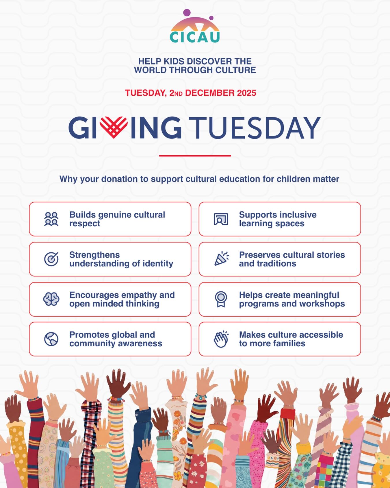 🫶 Every contribution strengthens our mission to make culture accessible, respected, and understood. Your Giving Tuesday donation supports inclusive learning spaces, preserves traditions, and helps us create meaningful cultural programs. Join us in building more open minded and connected communities.
🔗 Donate here: https://cicau.org/donate.html