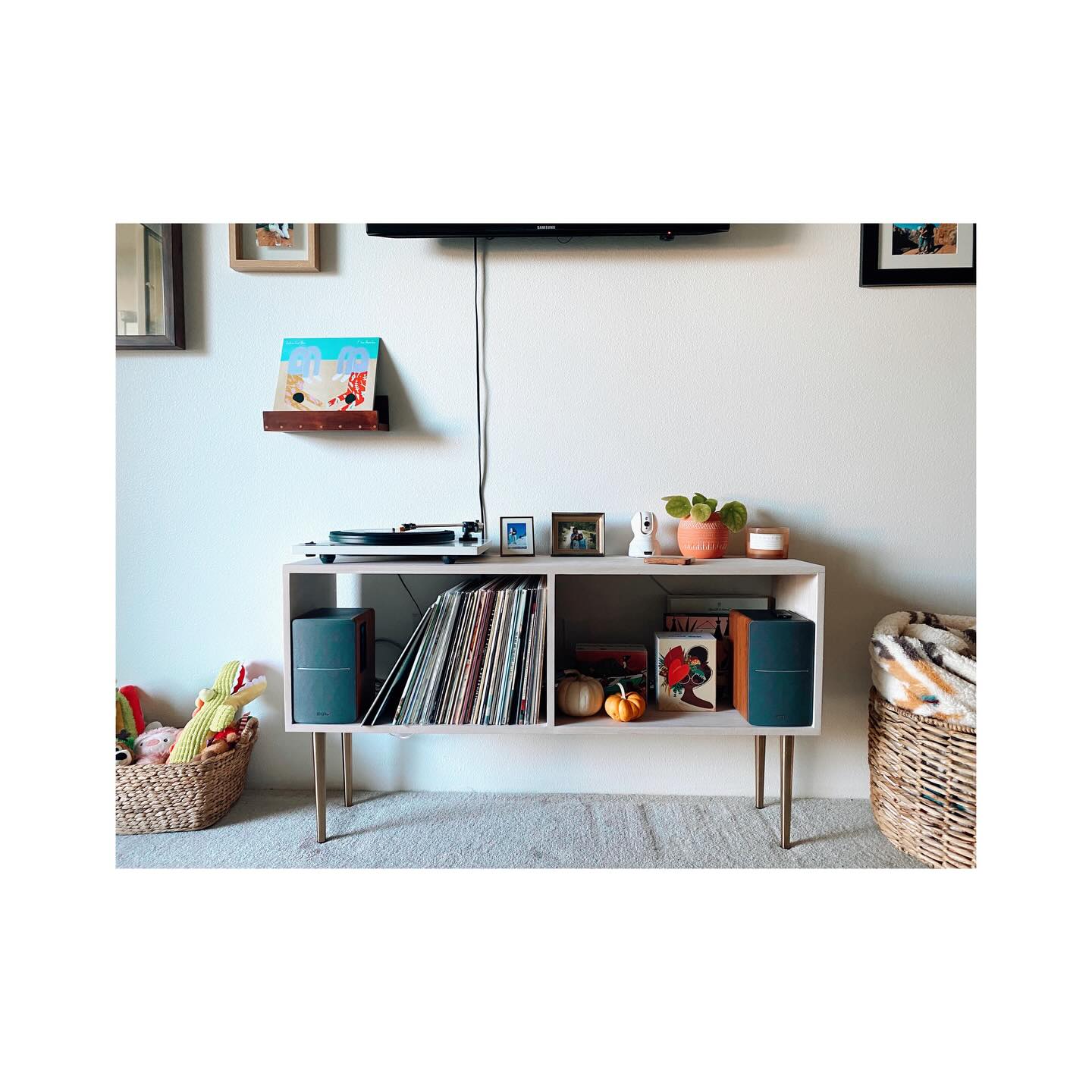Beech, whitewash media stand with gold legs.
#furniture #designpdx #wood