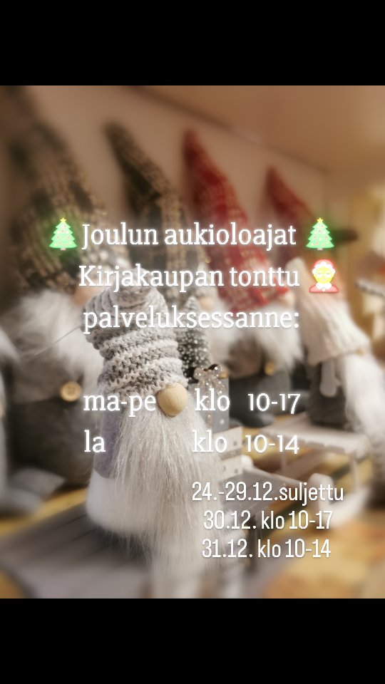 Kirjakaupan tonttu palveluksessanne 🤶
ma - pe klo 10-17, la 10-14.
🎄Tervetuloa 🎄
(24.-29.12. suljettu, 30.12. klo 10-17, 31.12. klo 10-14.)
#kuortane #kuortaneenkirjakauppa