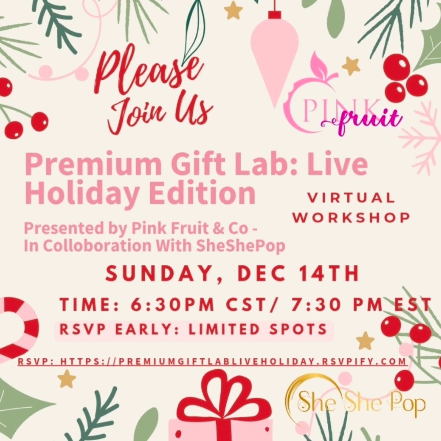 Elevating your holiday gifting with premium gifts and luxe packaging that are slay-worthy! Come merry and join us is this premier and festive virtual workshop to learn to curate & package the perfect gifts chic divas want to receive. 🎁🎁
Join us SUN DEC 14th for a fun evening! SheShePop is collaborating with Pink Fruit & Co for this festive hands on virtual workshop gifting workshop. 🎁✨️
Spaces are limited, so RSVP early 💛 & invite a friend.
RSVP - Go to Link in Bio Or DM "Festive" to receive the link to register.
#giftingworkshop #premiumgiftingideas
#luxegiftsforher #holidaygiftideas #luxedyigifts #slay-worthy
