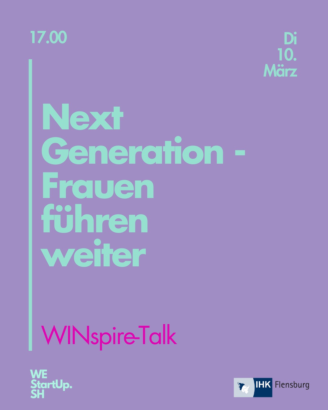✨Next Generation- Frauen führen weiter
Lasst uns gemeinsam den internationalen Frauentag (08.03.2026) feiern! Dazu laden wir Euch herzlich zu einem WINspire-Talk zum Thema Nachfolge ein.
📆 Dienstag, 10. März 2026
🕘 Beginn: 17:30 Uhr (Einlass ab 17:00 Uhr)
📌 Foyer der IHK Flensburg
Weitere Infos zu der Veranstaltung folgen demnächst, also bleibt gespannt und haltet euch den Termin frei🤭
Wir freuen uns sehr, viele von Euch am 10.03.2026 in der IHK zu sehen und mit Euch zu einem spannenden Thema in den Austausch zu kommen💛
@uni.flensburg @gleichstellung_flensburg @dock1_fl @startupsh_now #westartupsh #ihk #nachfolge #winspire #womensentrepreneurship