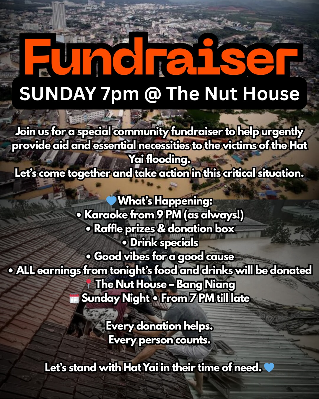 Really sad to see this news any little help could be a huge help for a few families in need of basic necessities. Any donations even buying a drink will be donated to the victims.
Let’s give the Thai people back what they give to us every day.
For any information send us a message.
Many thanks
_______________________________________
เสียใจจริง ๆ ที่เห็นข่าวนี้ ความช่วยเหลือเล็ก ๆ น้อย ๆ อาจเป็นประโยชน์มหาศาลสำหรับครอบครัวที่ต้องการสิ่งจำเป็นพื้นฐาน เงินบริจาคใด ๆ แม้แต่การซื้อเครื่องดื่มก็จะนำไปบริจาคให้กับผู้ประสบภัย
สำหรับข้อมูลใด ๆ โปรดส่งข้อความถึงเรา
ขอบคุณมาก
#hatyai #hatyaiflood #floods