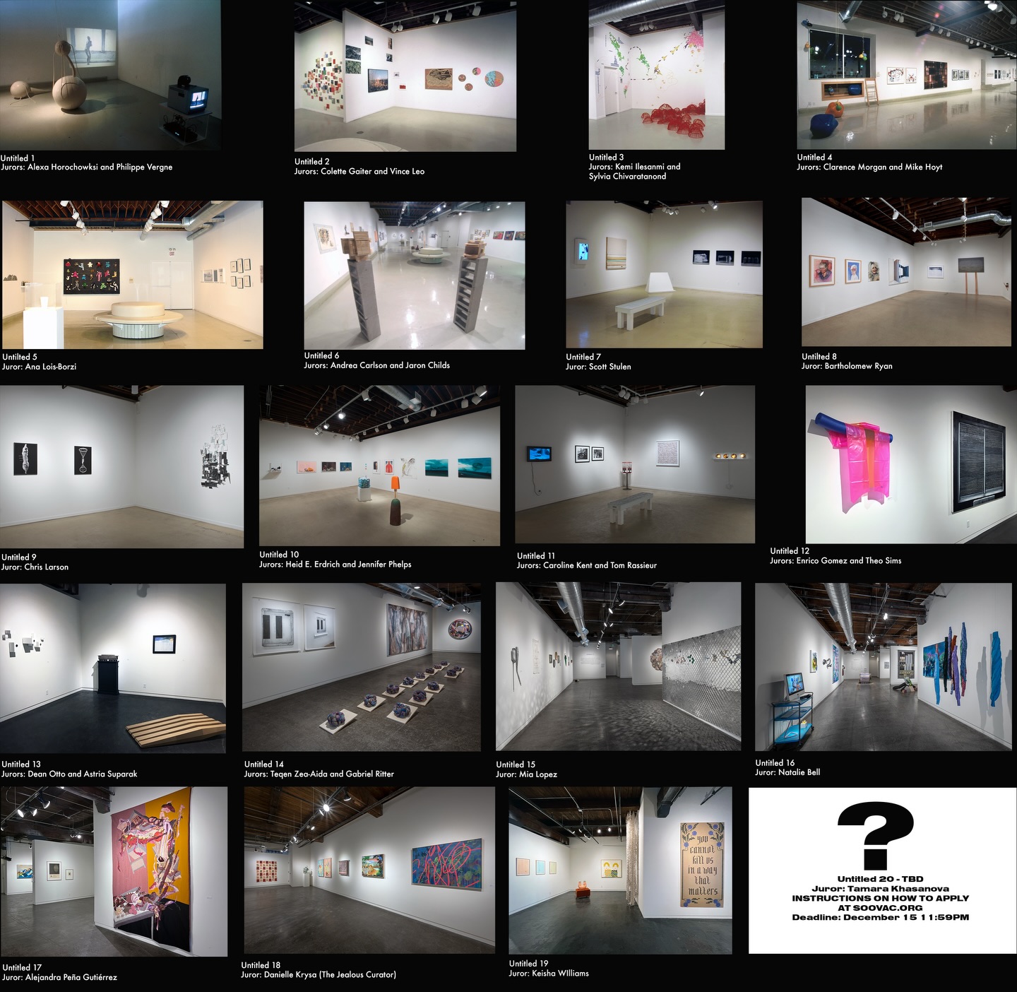 Calling all artists it’s the 20th call for art for SooVAC’s Untitled series, each time is a new juror! And here’s a look back at all of them😍. Maybe you’ll be one of @tkhasanovaa selections for Untitled 20! Follow the link in our bio to apply! Deadline December 15th 11:59PM.