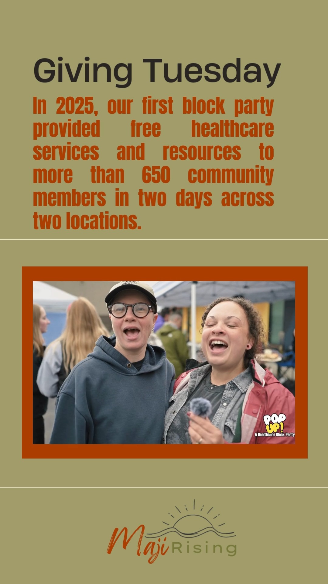 Giving Tuesday is here, and healthcare is for us!
Maji Rising is working to bring healthcare directly to the people who need it most.
This year, we launched our first Pop Up - a healthcare block party, providing free healthcare, resources, and community support to over 650 people in just 2 days.
We're building a bigger and better Pop Up for 2026!
A donation of just $10 per month provides free services and resources for one community member.
Join our community of care and help us rise today.
Donate: https://givebutter.com/majirising
#communityhealth #vibesandvitalsigns #connection #care #holistichealthcoach
📸 @gloscreativestudio