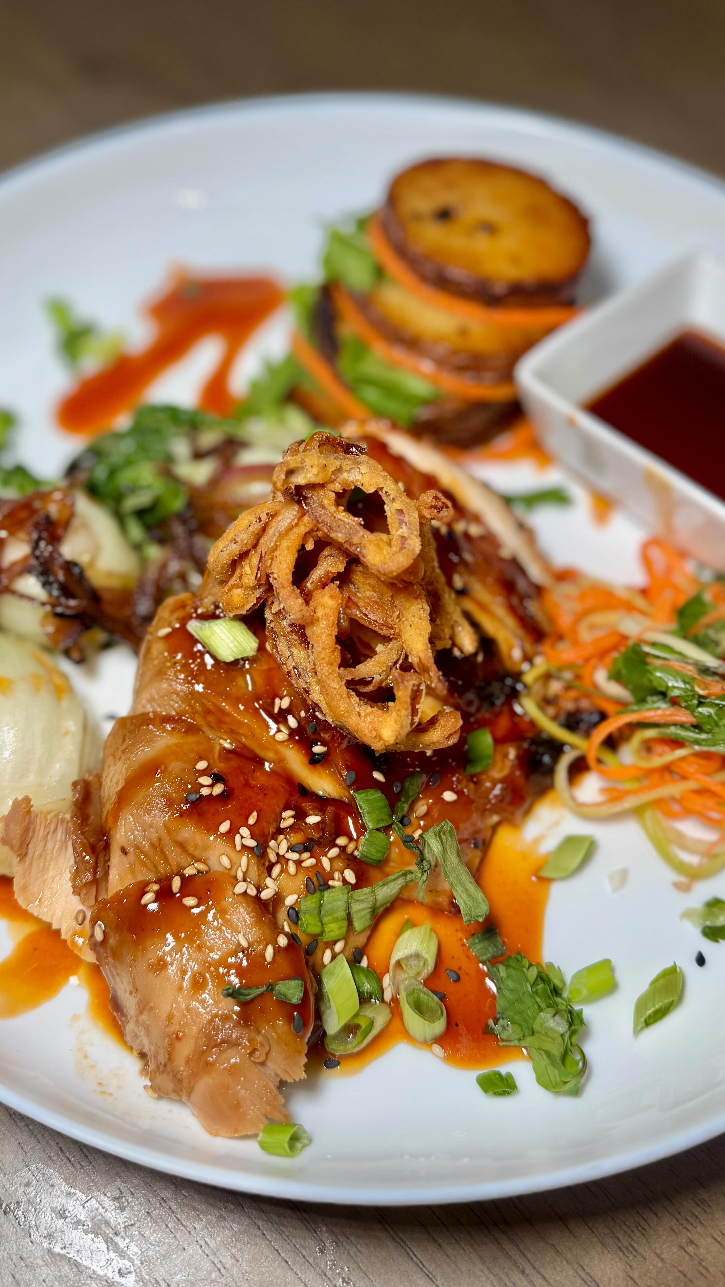 Slow Roasted teriyaki Turkey Breast. W/ Five spiced roasted potatoes and bok choy.