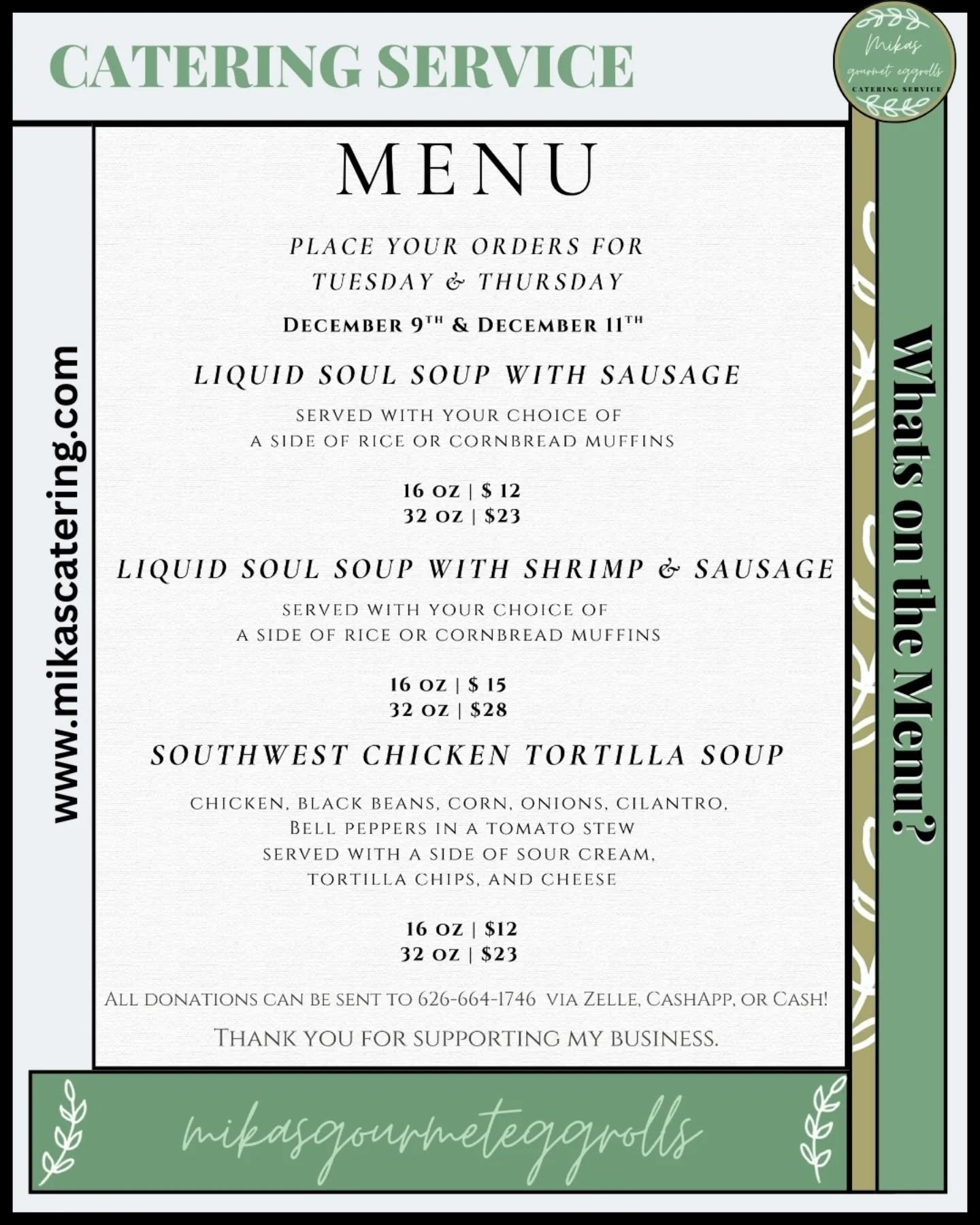 It’s a new week, and we are ready to feed your soul! 🌿✨
Whether you need a quick lunch pickup or a full catering spread for your holiday party, we have you covered. Our gourmet eggrolls are made fresh, packed with flavor, and always cooked with love.
Check out the menu in the photo to see what we're cooking up this week!
👇 HOW TO ORDER 👇
1️⃣ Click the link in our bio to view the full menu
2️⃣ Place your order for pickup or catering
3️⃣ We handle the rest!
📍 Kitchen Location: Upland, CA
🚚 Catering: Serving all of Southern California
💻 Order Here: www.mikascatering.com
#MikasGourmetEggrolls #UplandCA #GourmetEggrolls