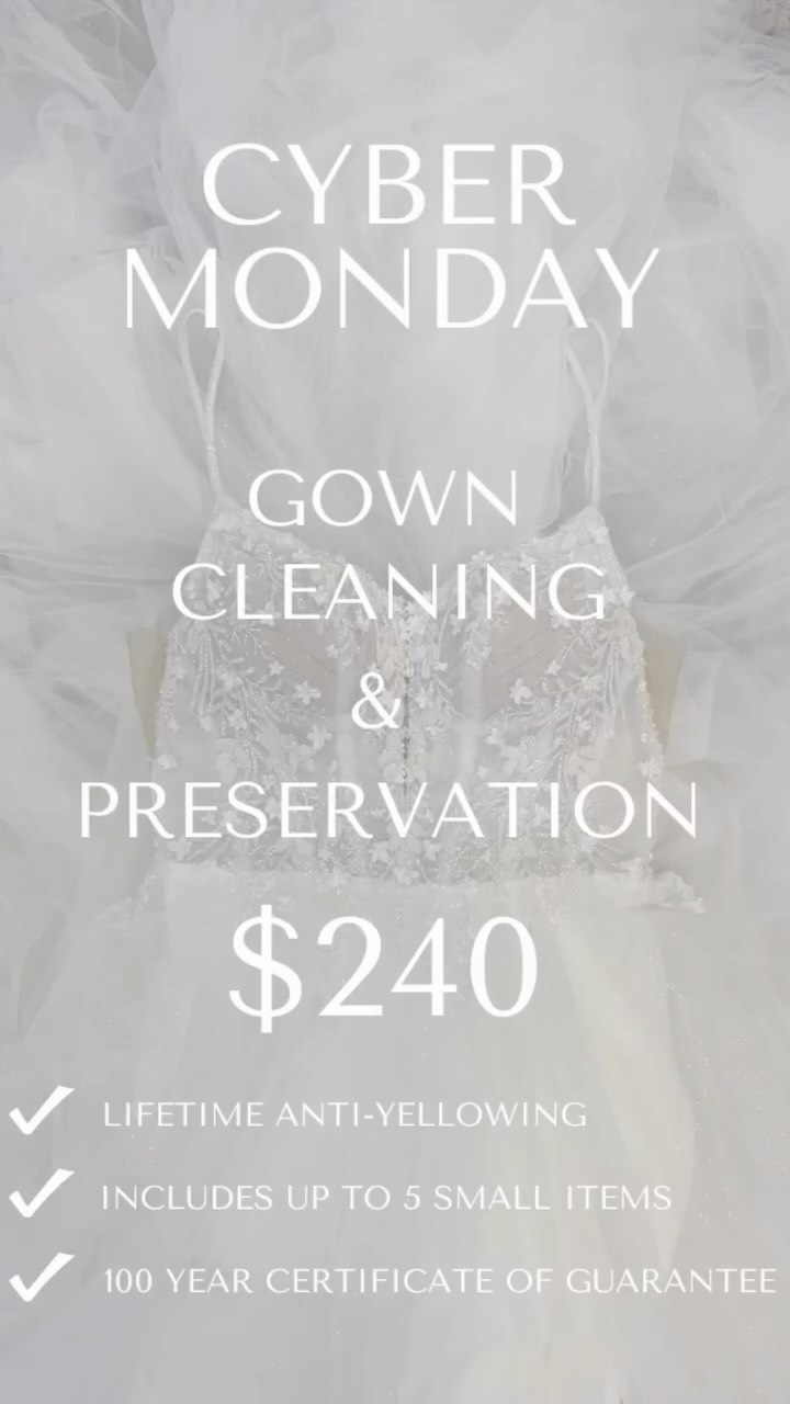 #cybermonday Sale on #weddinggownpreservation is on! $240 to have your gown cleaned and professionally preserved in an archival box. Regular price is $300 and sadly costs are going up in January. Use the #linkinbio to buy today and drop off your gown anytime. Gift certificate has no expiration. See our IG story or highlight for more info! Includes up to 5 additional items at no charge (excludes shoes and petticoat) #gownpreservation #weddinggownpreservation #jaimebridal #weddinggowncleaning #pleasantonwedding #livermorewedding #bridalshop #weddinggown