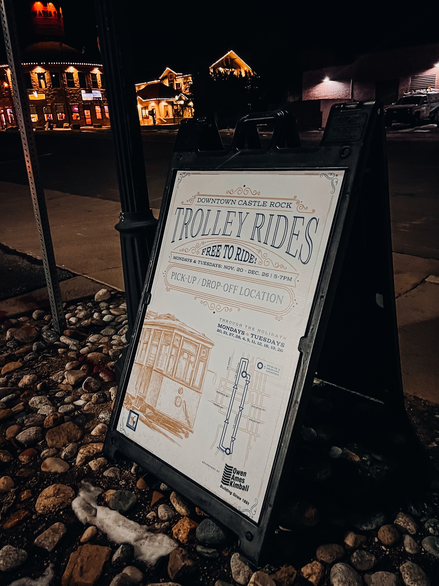 Here’s your sign for free trolley rides!
Look for these A-frame signs in Downtown Castle Rock during the holiday season for FREE TROLLEY RIDES, every Monday and Tuesday evening, 5:30-7:30p until 12/30.
The trolley makes a loop throughout downtown, and you can hop on at the 3 stops with these signs -
✨ Encore Parking Garage, South Street Entrance
🌟 Third Street, between Wilcox and Perry, at the crosswalk
💫DCSD Parking Lot, on 6th Street
Enjoy this free, leisurely way to enjoy the lights in Downtown Castle Rock, thanks to our friends at Owen Ames Kimball 🫶
*These signs are from last season, but aside from the dates/times, they look the same!
#downtowncastlerock #seasonofthestar #crco #castlerockcolorado #christmasincastlerock