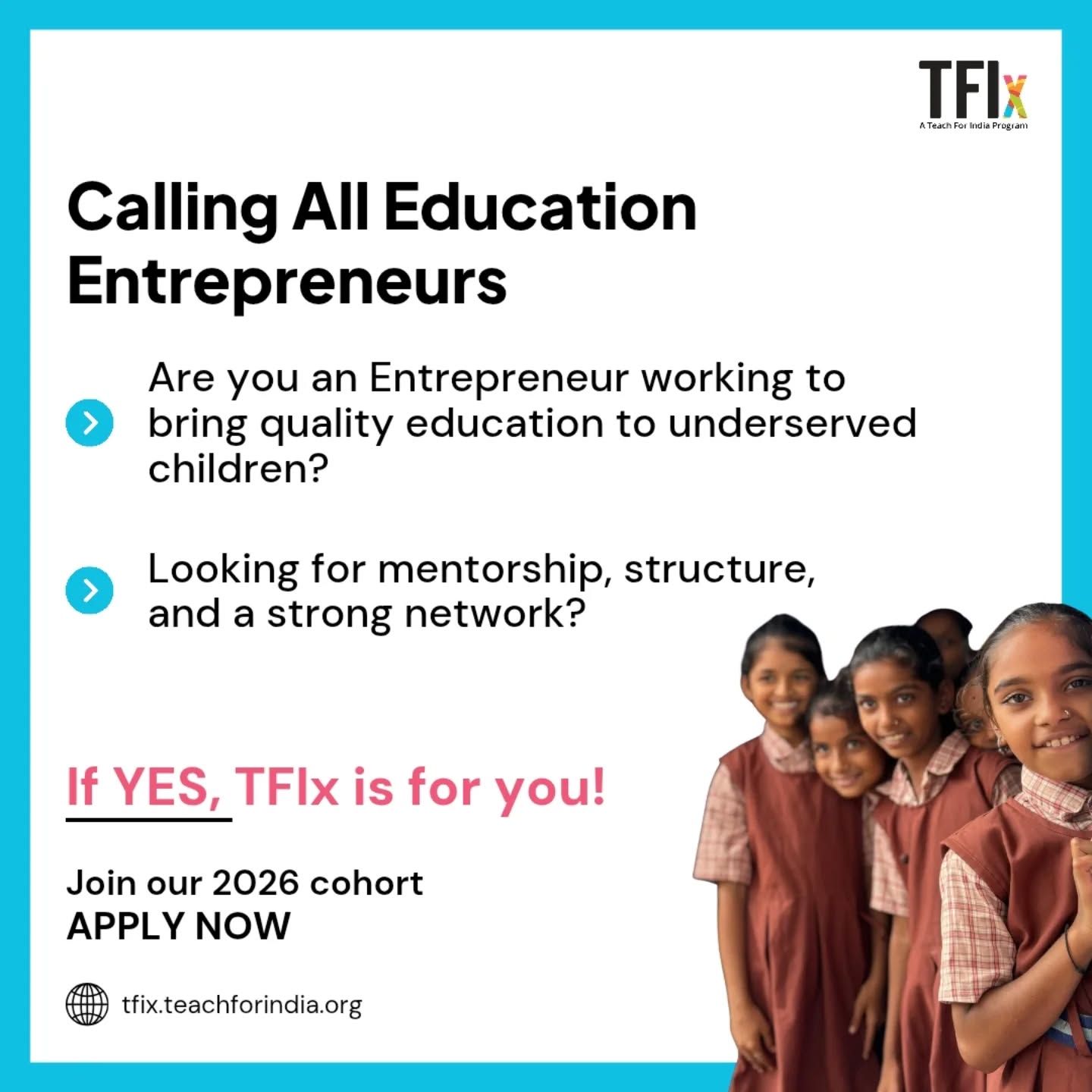 Calling All Visionary Entrepreneurs! ⭐️
Join the TFIx 2026 cohort and drive transformative change in education. Be part of a dynamic movement that reimagines learning for underserved communities, bringing quality education and equal opportunities to every child across India.
Applications close in 10 days.
Click the link in bio to Apply.