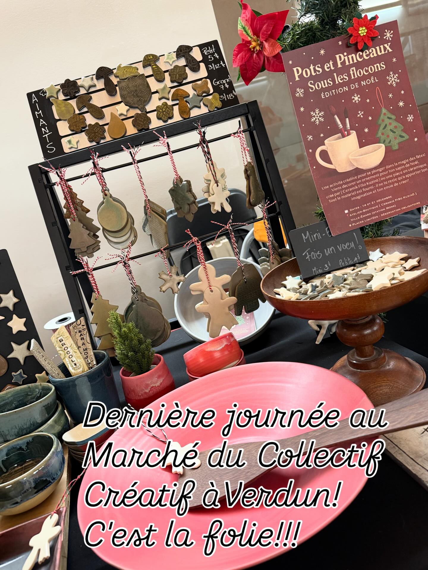 Dernière journée de ma toute première participation à un marché du Collectif Créatif Montréal! Quel belle organisation et ambiance! Venez célébrer la créativité d'ici avec nous!
✨Plongez dans un monde de créativité sur trois étages au Marché de Noël de Verdun!
Immergez-vous dans un univers de créativité et d'artisanat lors de la 5ème édition de notre Marché des Fêtes à l’Auditorium de Verdun
Avec plus de 115 artisans locaux répartis sur trois étages, vous trouverez tout ce qu'il vous faut : bijoux, vêtements, accessoires, décoration, cartes de souhaits, gourmandises, produits pour le corps, chandelles et bien plus encore!
✨🎅🏻Marché des Fêtes à l’Auditorium de Verdun🎅🏻✨
✅Café et pâtisseries sur place
♿ Accessible aux personnes à mobilité réduite
✅ Stationnement gratuit et payant sur les rues avoisinantes.
🚫🐕😺🚫On adore les amis à quatre pattes, mais pas malheureusement ils ne sont pas permis à l'intérieur de l’auditorium.
Prenez de l'avance sur vos achats de Noël tout en magasinant chez des petites entreprises créatives du Québec ❤️
Vous attendiez le retour de ce marché. Ne le manquez pas ! 😉
📍 DÉTAILS DE CETTE FIN DE SEMAINE
🕑VENDREDI 5 décembre 16h à 20h
SAMEDI 6 décembre & DIMANCHE 7 décembre 10h à 17h
📍 4110 Bd LaSalle, Verdun, QC H4G 2A5
Ⓜ️Métro De L’église🟢 Autobus : Lignes 12, 37, 58, 61
ON VOUS ATTENDS CETTE FIN DE SEMAINE!
Suivez @CollectifCreatifMtl sur Instagram et Facebook pour en savoir plus.
