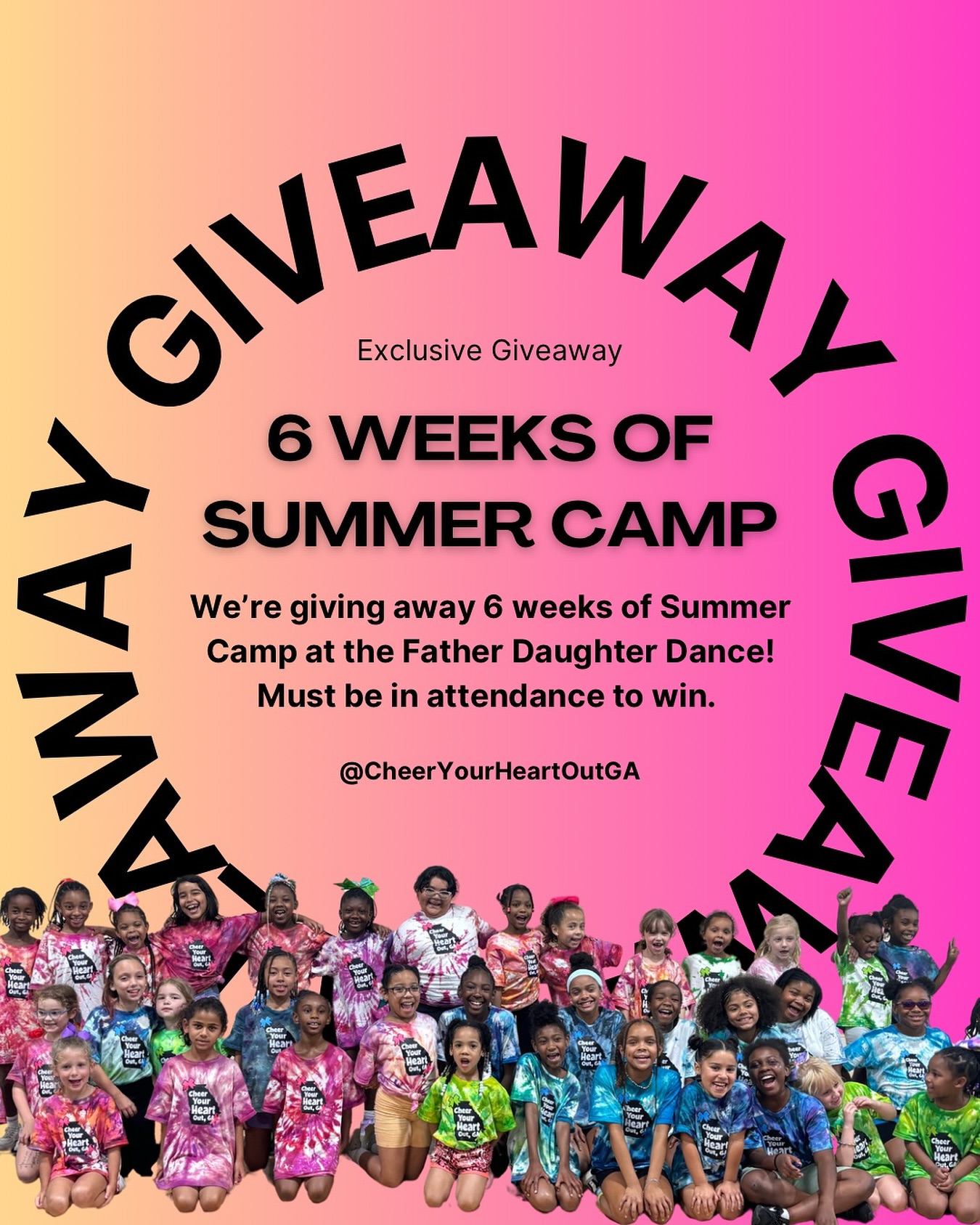 ✨ BIG GIVEAWAY ALERT! ✨
We’re giving away 6 FREE WEEKS of Summer Camp at our Father Daughter Dance!
Must be in the building to win! 💗🌈
🎟️ Grab tickets at CYHOGA.com