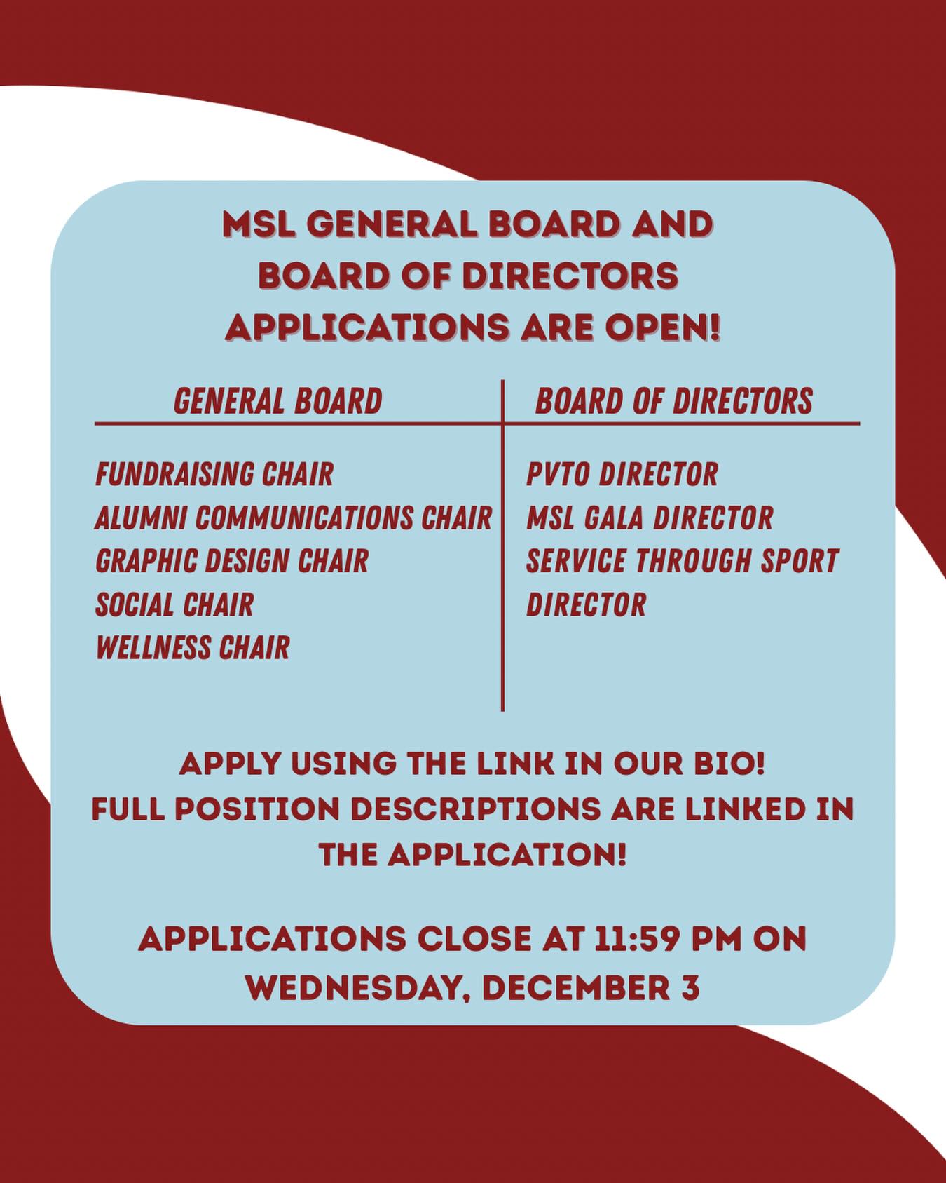 Are you passionate about MSL and want to become more involved? The General Board and Board of Directors are a perfect opportunity! Applications are closing this Wednesday, December 3rd.