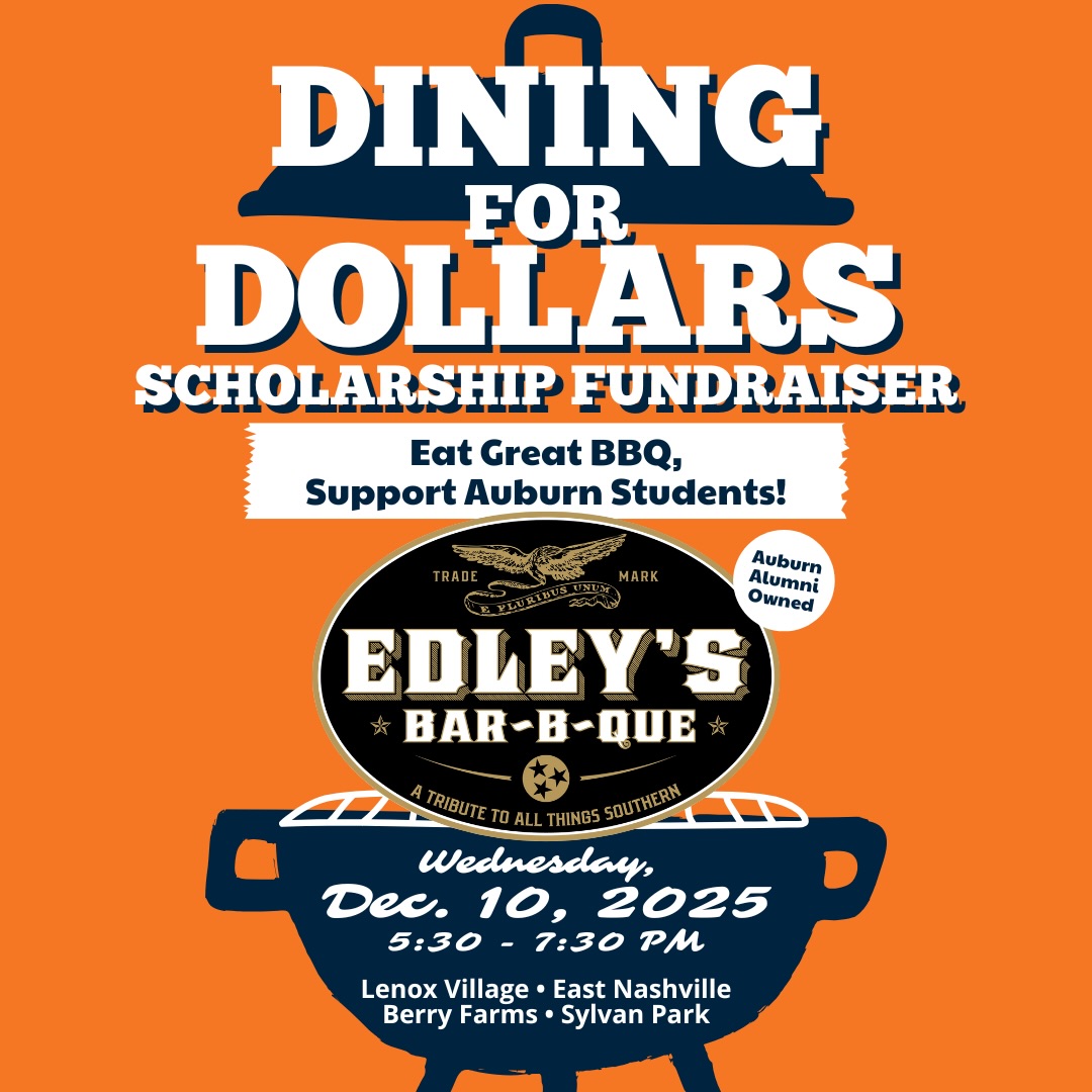 Your dinner can help shape a student’s future! 🐯🎓
Join us at Edley’s Bar-B-Que next Wednesday December 10 (5:30–7:30 PM) for a Dining for Dollars fundraiser supporting our club’s Endowment Scholarship!
Just show up, eat amazing BBQ (yes — the same Edley’s you LOVED at the tailgate 😋), and a portion of sales supports scholarships for future Tigers!
📍 Choose your closest Edley’s:
Lenox Village • East Nashville • Berry Farms • Sylvan Park
🧡 Proudly Auburn Alumni Owned