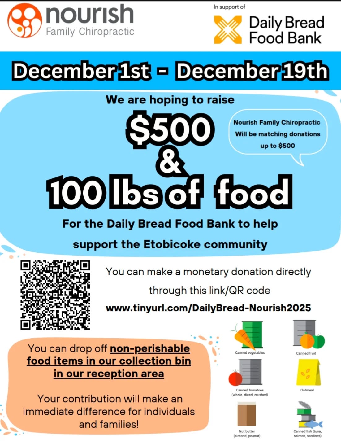 ⨠Community for Community â¨
Weâre excited to share that our office is proud to help support the Daily Bread Food Bank @dailybreadto and help families in need this holiday season â¤ď¸
From now until December 19th, weâll be collecting non-perishable food items in-office and monetary donations online (see url in photo).
Every contributionâbig or smallâmakes a real difference.
Stop by, say hello, and help us give back to those who need it most.
Together, we can create meaningful change. đŤś
#CommunityCare #DailyBreadFoodBank #ChiropracticCares