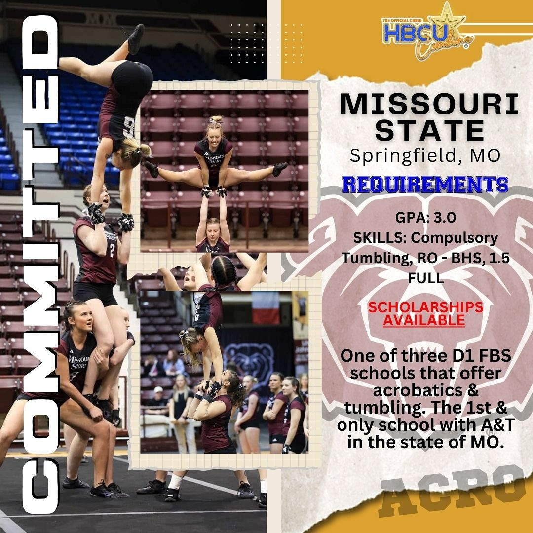 💜🐻— the Missouri State Acrobatics & Tumbling Team has checked in🤸♀️🔥 @mostateacro
Known for dynamic tumbling, elite acro technique, and powerful pyramid skills, Missouri State is heading to the 4th Annual Cheer HBCU Combine ready to scout athletes with strength, control, and next-level precision.
Think you can rise to the challenge and rep the Bears with confidence? 💪
Come showcase your acro talent with the Missouri State Acrobatics & Tumbling Team on December 14, 2025.
#CheerHBCUCombine #MissouriState #MSUBears #AcrobaticsAndTumbling #NextLevelAthlete