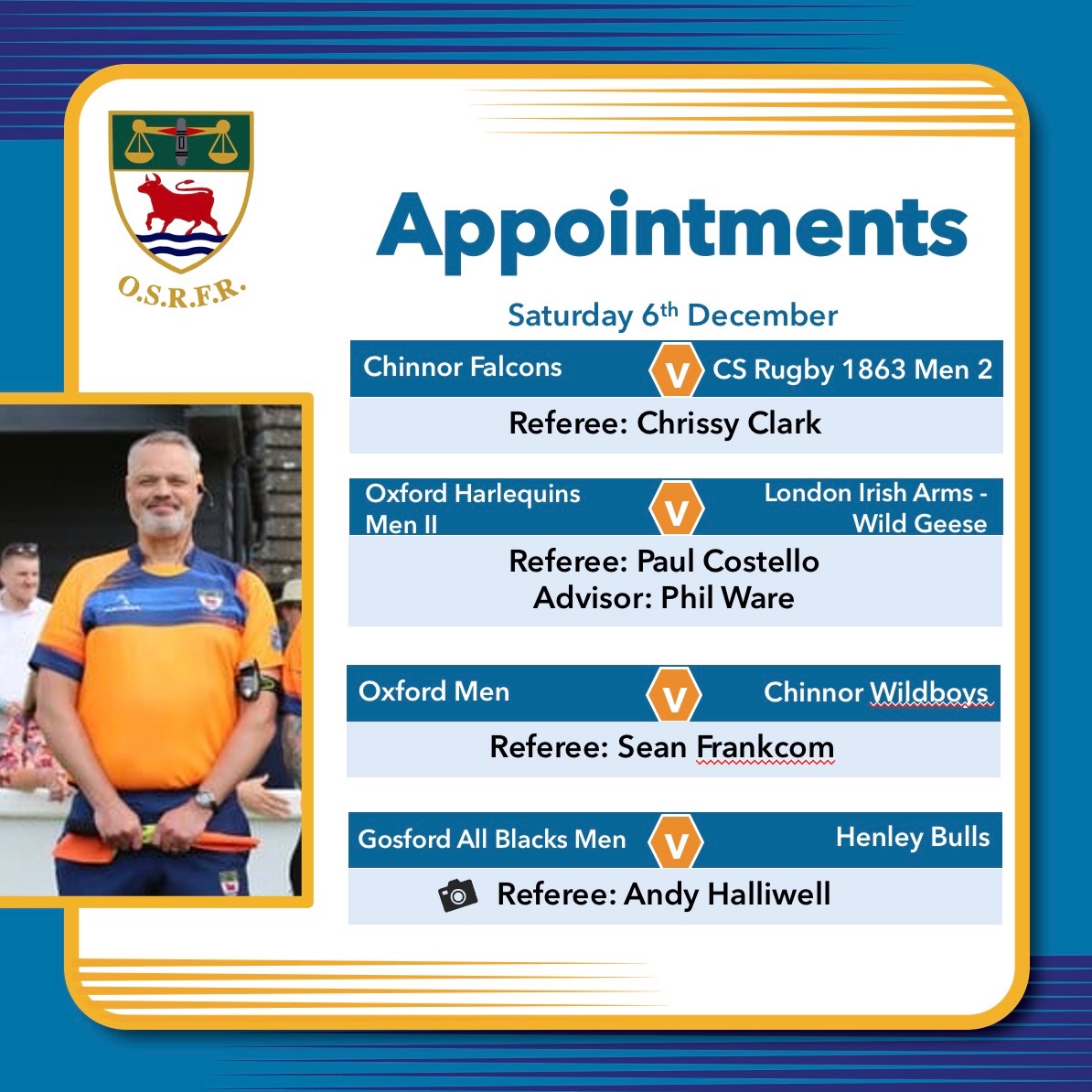 After a few good years where we have been able to cover every match we’ve committed to, the start of this season has been tough.
We continue to face challenges, so now is the ideal time to think about popping a whistle on your Christmas List. If you’re interested in #takingupthewhistle you can look for an Intro to Ref course on the RFU website or - if you’re a club, you can always host one. Get in touch.
Meanwhile - this weekend’s appointments as they stand. Please remember to welcome your ref(s) warmly. The odd treat on arrival is appreciated 😉
@chinnorrfcthame @oxfordquins @oxfordrfc @gosfordallblacks @henleyhawks @wearesilverbacks @chipping_norton_rfc @grove_rugby @banburyrugbyclub @wheatleyrufc @abingdonrufc @didcotrufc @hungerford_rfc @abingdon_rugby @bedfordschoolsport @stowrfc @wildboysoutlaws_crfc @harwellrufc @wallingfordrfc @shirehallrfc @littlemore_rugby_club @aylesburyrfc @chinnorkites @drybrookladiesrfc @oxfordshirerfugirls @dandwrfu @banbury_belles @phoenixwomen_rfc
#bepartoftheteam🌹 #keepyourbootson #takeupthewhistle