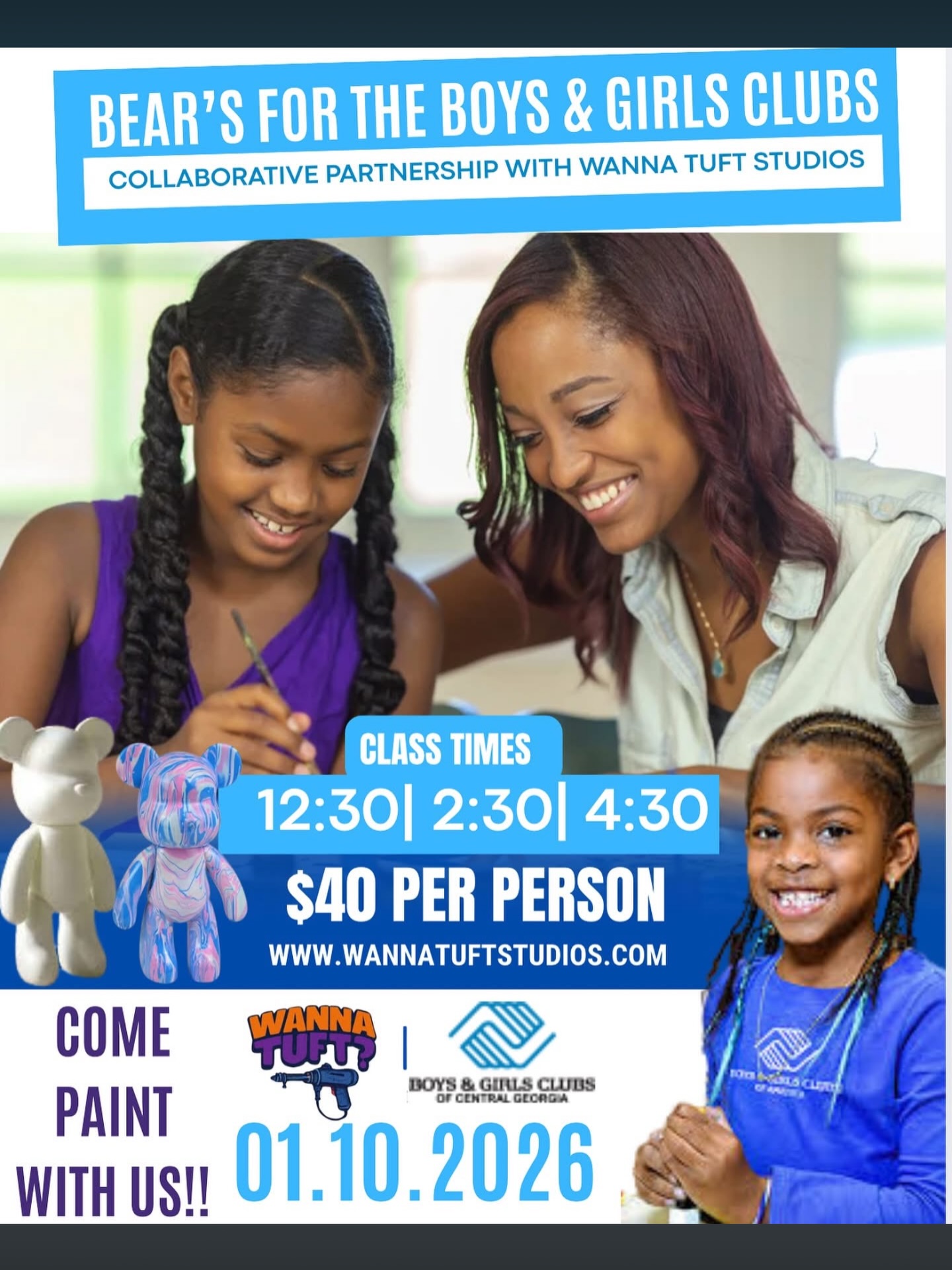 Looking for a special activity for a Mommy-and-Me day, a date with Dad, or a fun Saturday with friends, co-workers or siblings? Then save the date for Saturday, January 10,2026.
Our limited-slot Bear Drip Class is the perfect choice! With tickets priced at $40, a portion of the proceeds will benefit the Boys & Girls Clubs of Central Georgia (BGCCG).
Please note, tickets are only needed for those participating in the painting class, not for accompanying adults.
We offer 3 class times, each with 10 seats available. Don’t miss out on this creative opportunity—learn more and purchase your tickets here!
https://www.wannatuftstudios.com/book-online
Link also in our bio!