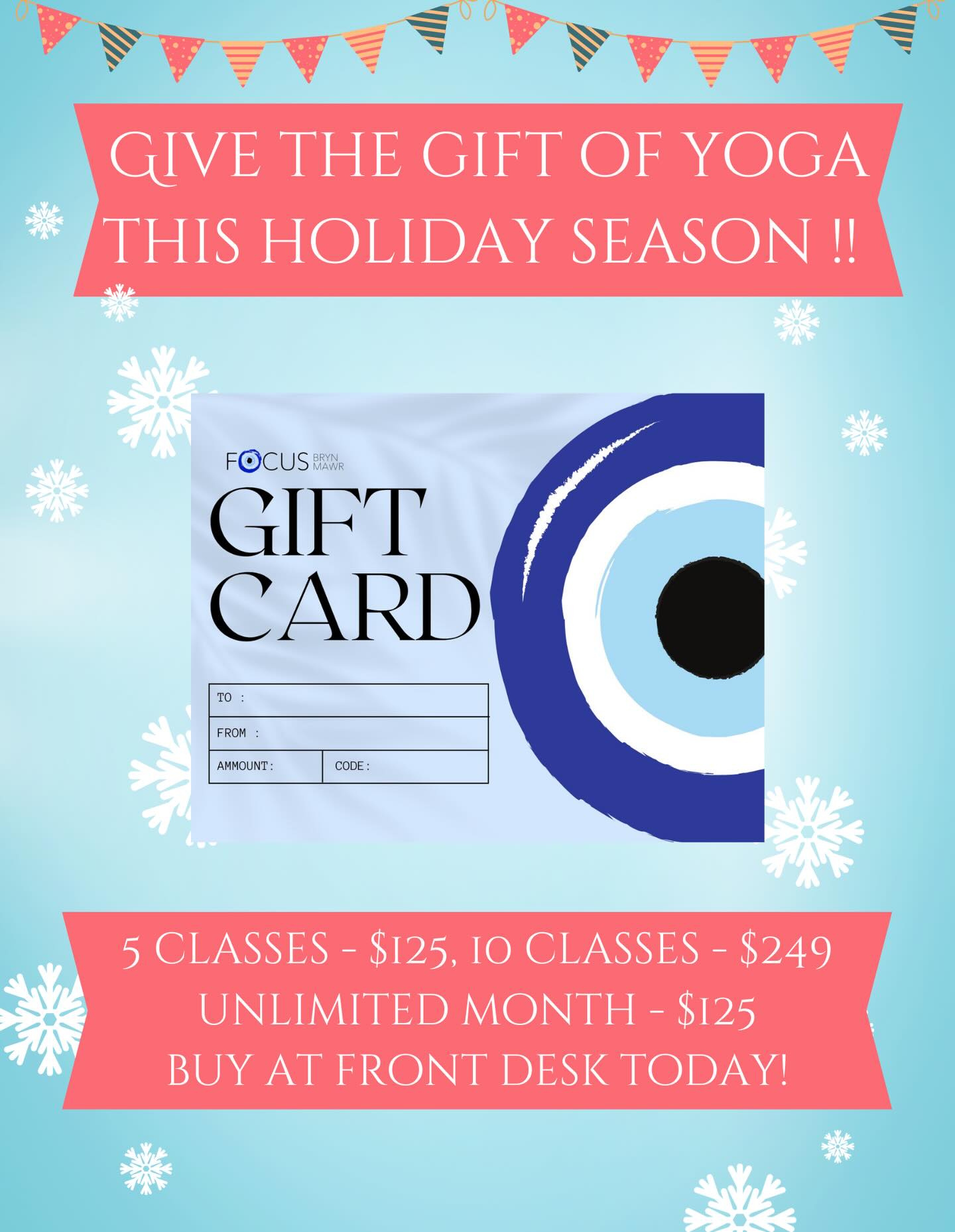 Come grab a gift card from the front desk this holiday season ! Envelopes and other notecards for personalized letters are available as well !
#christmasatfocus #giftcards #spreadthelove
