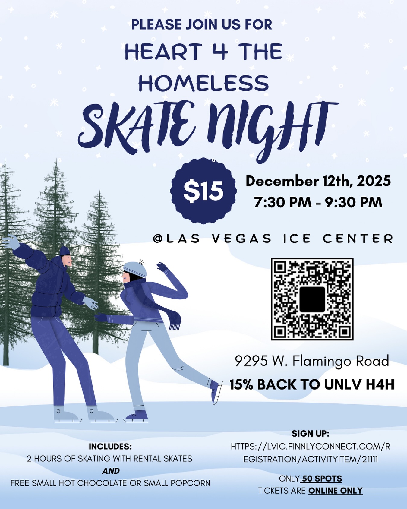RESCHEDULED ‼️❄️💙 Join us on December 12th from 7:30pm–9:30pm at the Las Vegas Ice Center for a fun winter night on the ice!⛸️
Tickets are $15 and include:
– 2 hours of skating with rental skates
– free small hot chocolate or small popcorn
plus, 15% of proceeds go back to unlv h4h!
We only have 50 spots, so make sure to sign up asap using the QR code or the link in our bio! can’t wait to see you all there :-)) H4H members who attend can get 1 social hour and 1 fundraising hour if they attend!