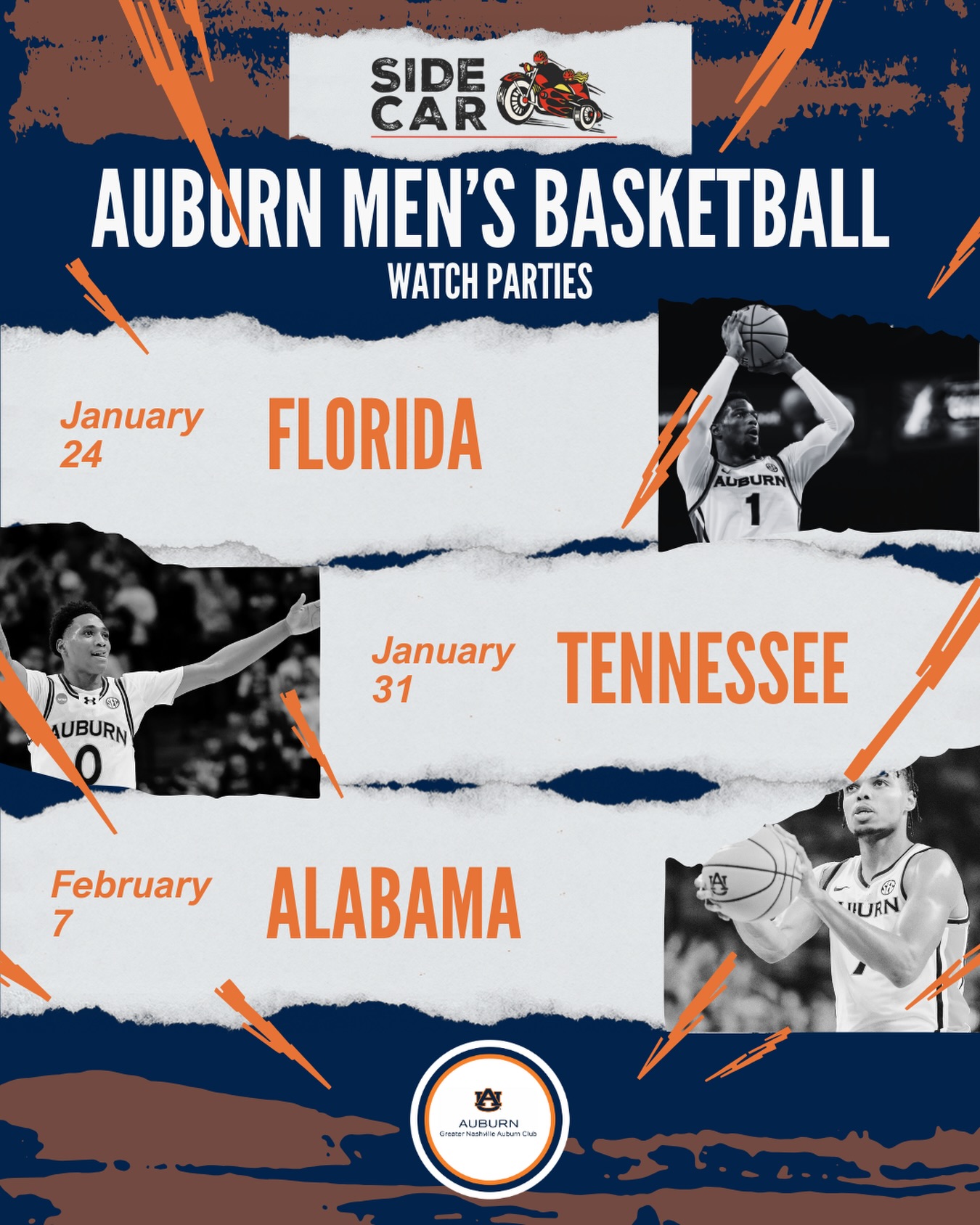 Mark your calendars!
With Auburn Men’s Basketball season in full swing, we’re excited to announce our 2026 Basketball Game Watch Parties!
We’ll see you January 24, January 31, and February 7 at Sidecar!
Outside of these featured games, Sidecar remains the home of Auburn North. You can catch every game at Sidecar this season, though sound may not always be available.