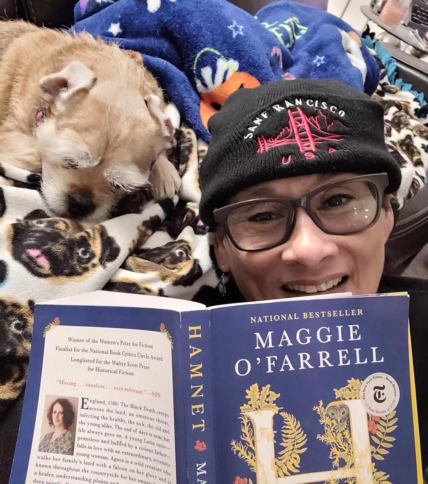 DAY 4: We're doing it! Reading together, as planned. Movie date with Hamnet is tomorrow 🤗
We're halfway through the book, and I'm loving it ...
"Every life has its kernel, its hub, its epicentre, from which everything flows out, to which everything returns."
Ami is my little pug-yorkie mix with pugtastic eyebrows. I love that she snuggles beside me, circling the world with me every time I read, every time I write, and every time I need a warm light.
She is my special kernel, blossoming joy into all my days 🥰