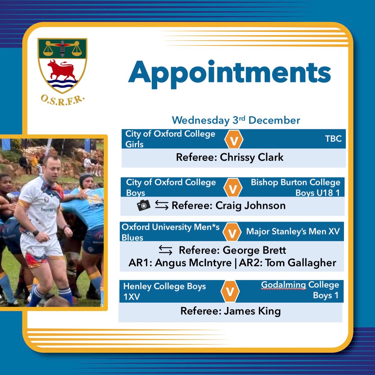 A few weekday matches as this half of the season winds down and we cross our fingers for matches going ahead as the weather changes.
Welcome back for a brief exchange visit to @craigyj89 who is now part of the federation refereeing around the region. This photo is from our South African exchange visit earlier this year when he joined @bestmedgoldenlionsreferees for their #EasterFestivals.
#keepyourbootson #bepartoftheteam🌹