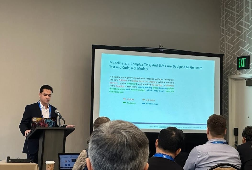 Storymodelers is at #Wintersim! Jhon Botello shared insights today at the conference on using #LLMs to accelerate system dynamics model design. Photo credit: Hamdi Kavak