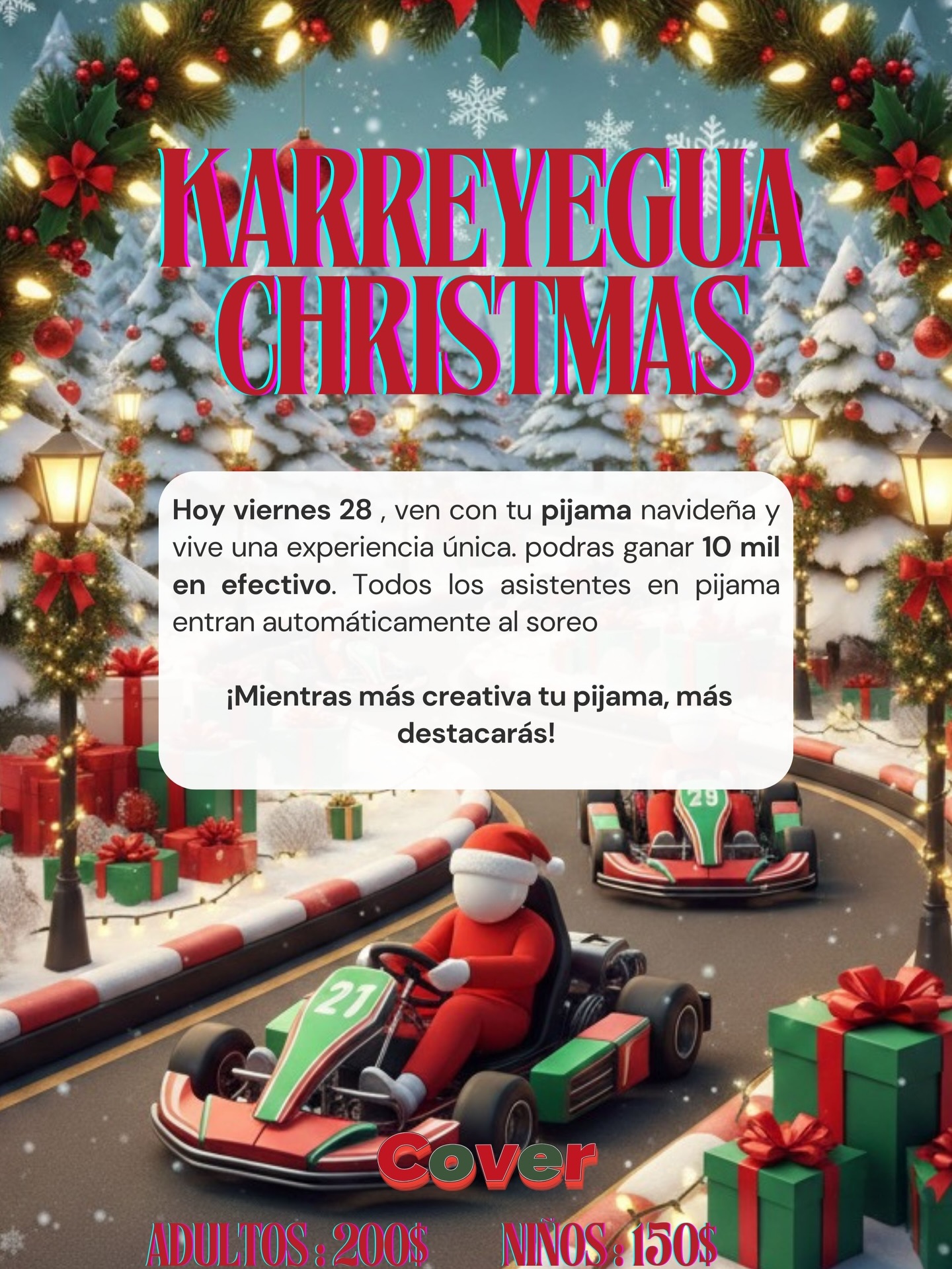 🎄 HOY 28 DE NOVIEMBRE SE ENCIENDE LA NAVIDAD EN KARREYEGUA 🎄
La espera se acabó. Esta noche celebramos nuestra gran Fiesta de Navidad y tú no te la puedes perder.
Tendremos chocolate caliente GRATIS para todas las personas que vengan a compartir en familia.
🎟 Boletas:
• Adultos: RD$200
• Niños: RD$150 (incluye 1 vuelta GRATIS en los Go-Karts)
• Adultos: incluyen 1 trago especial de Navidad 🎅🍹
Ven a vivir una noche diferente en San Juan: música, ambiente navideño, sorpresas y la mejor energía solo en Karreyegua.
✨ Hoy arrancan oficialmente las fiestas.
Nos vemos en la pista. 🎄🔥🏎️