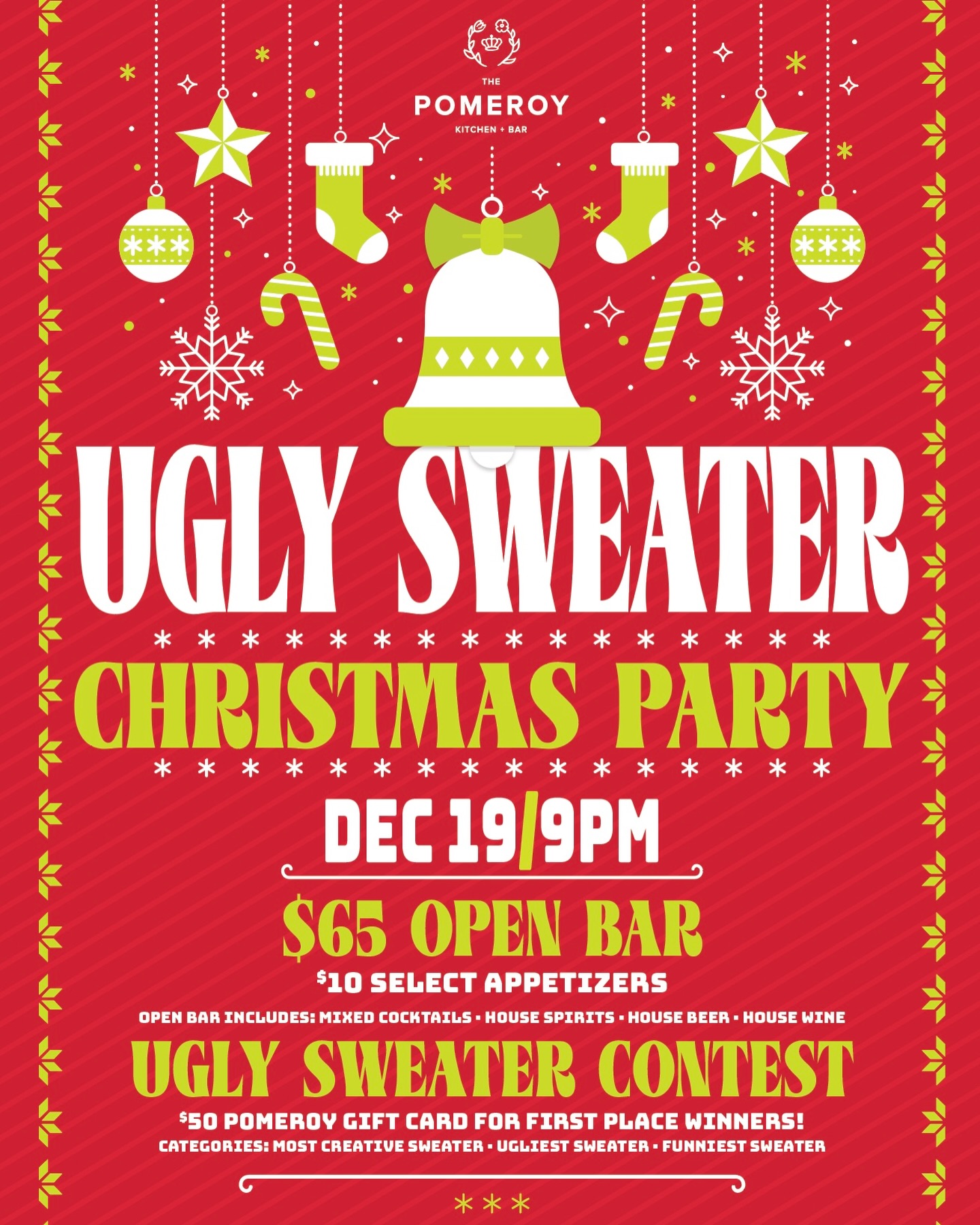🎄 It’s the most extra time of the year…
Get ready for our Ugly Christmas Sweater Party. Ugly sweater and good energy are mandatory!
✨ $65 Open Bar all night - includes house mixed cocktails, house beer & house wine.
🍟 $10 appetizers
🎁 Ugly Sweater Contest: Most Creative, Ugliest Sweater & Funniest Sweater! Win a $50 Gift Card!
#AstoriaNYC #UglySweaterParty #NYCChristmas #AstoriaEats #HolidayParty #PomeroyNights