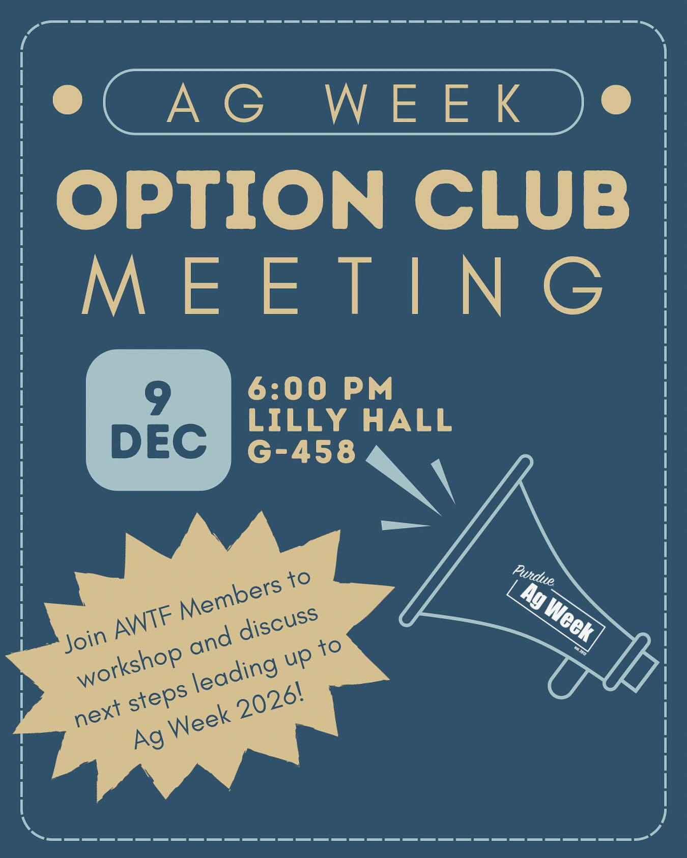 It’s hard to believe that we are just 17 weeks out from #purdueagweek 2026! Option clubs looking for an opportunity to engage with Ag Week this year, be sure to attend option club meetings held in the weeks ahead!
-
#educate #engage #inspire