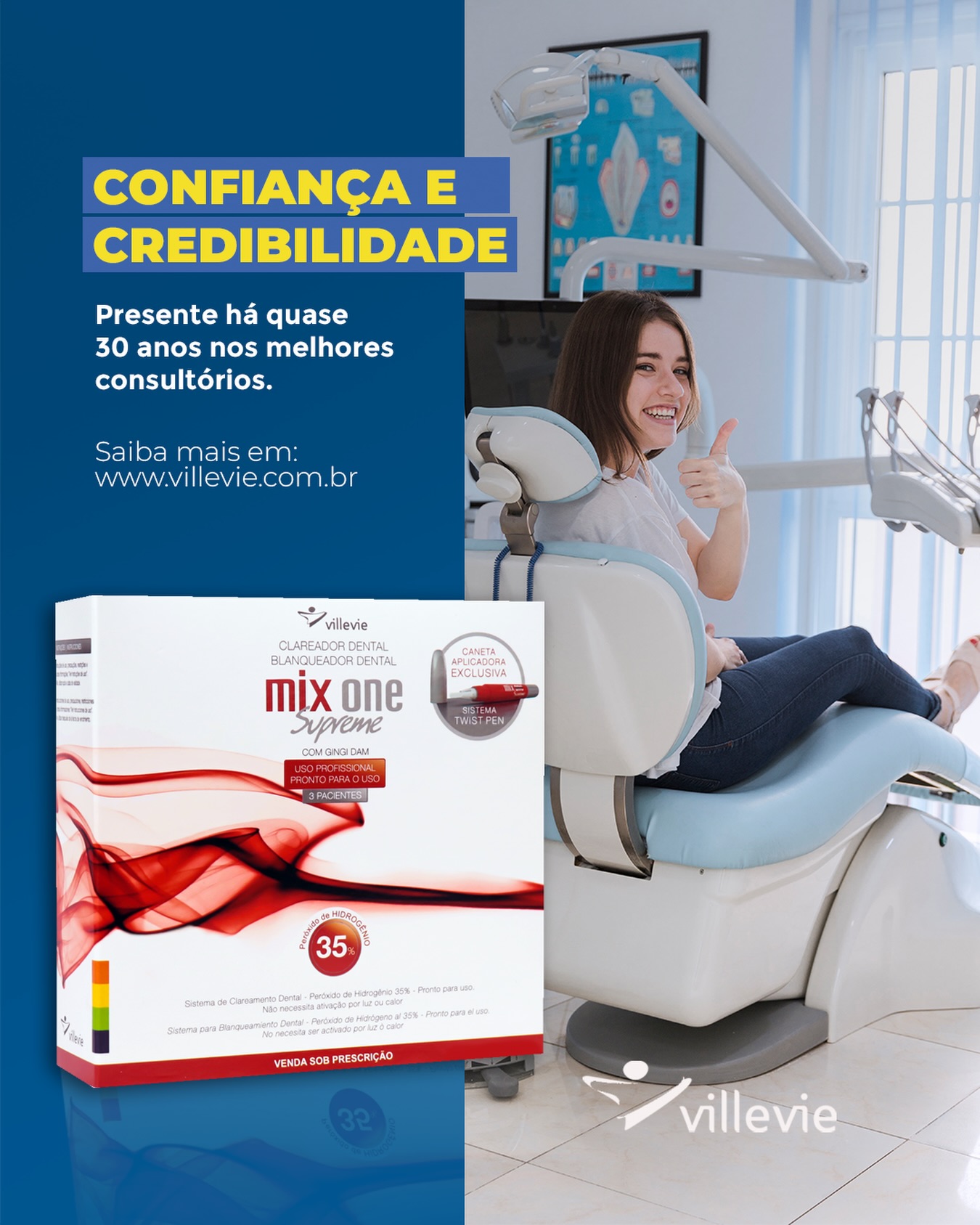 Há quase 30 anos presente nos melhores consultórios, entregando confiança, performance e resultados que atravessam gerações.
Quando a experiência encontra a excelência, o padrão se mantém: Villevie.