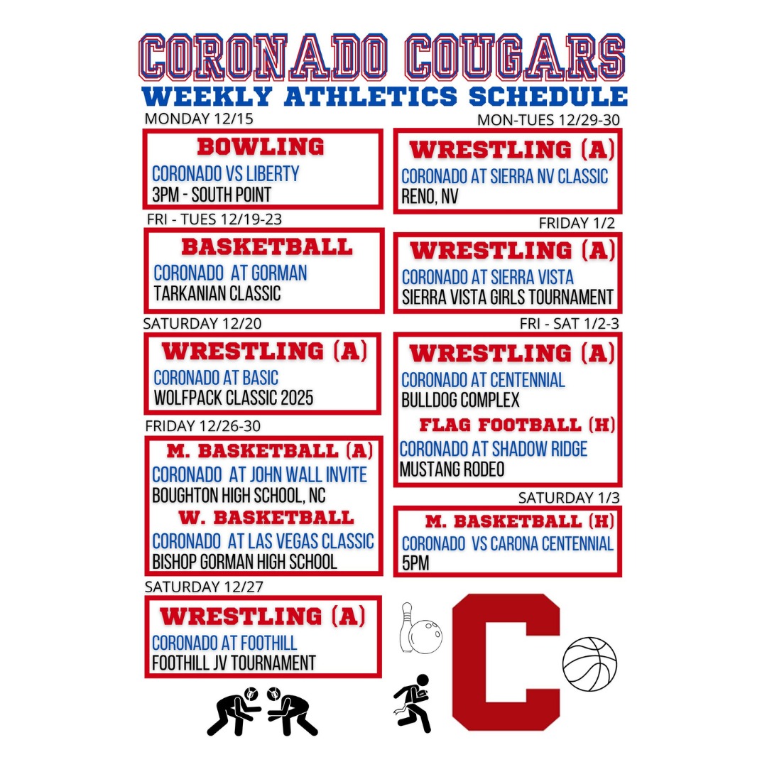Exciting Athletic events coming your way from 12/15 to 1/3! Don’t miss out on the action! #Athletics #Sports #TeamSpirit