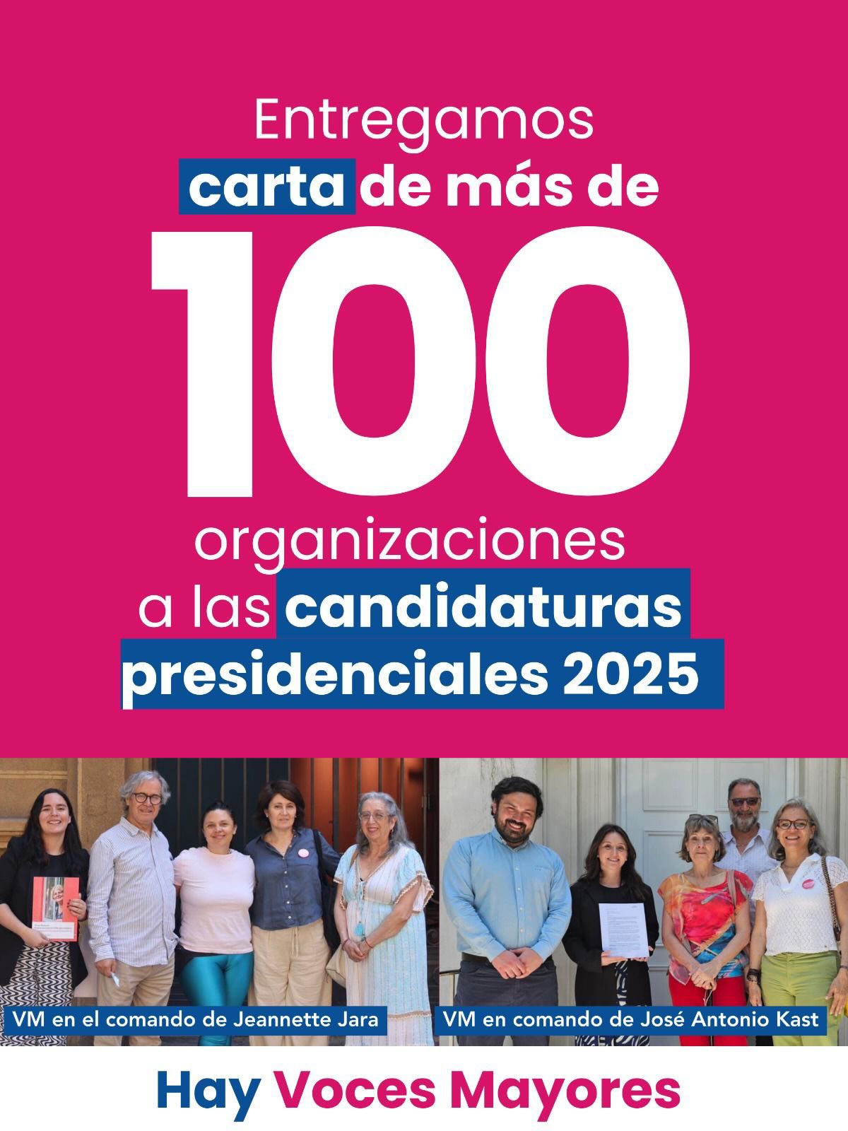 Chile está envejeciendo, y no podemos seguir mirando hacia el lado.
Hoy visitamos los comandos de los candidatos presidenciales, en representación de más de 100 organizaciones que firmaron la carta de la Red de Voces Mayores con un llamado claro: poner a las personas mayores y al envejecimiento en el centro de la agenda presidencial del próximo gobierno.
🗣️Invitamos también a los medios de comunicación a sumarse y a abordar el envejecimiento desde una mirada integral.
Cuando decimos que Chile está envejeciendo, no hablamos solo de pensiones, sino también de salud, vivienda, inclusión social y digital, entre muchos otros aspectos.
Es imprescindible que nos comprometamos a construir un país que trate el envejecimiento con la urgencia y la dignidad que merece. El desafío es ahora, para las personas mayores de hoy y del futuro.
Te invitamos a leer la carta completa en www.vocesmayores.cl y sumarte a este llamado. 💪
#HayVocesMayores #Elecciones2025
#Pactointergeneracional
#personasmayores