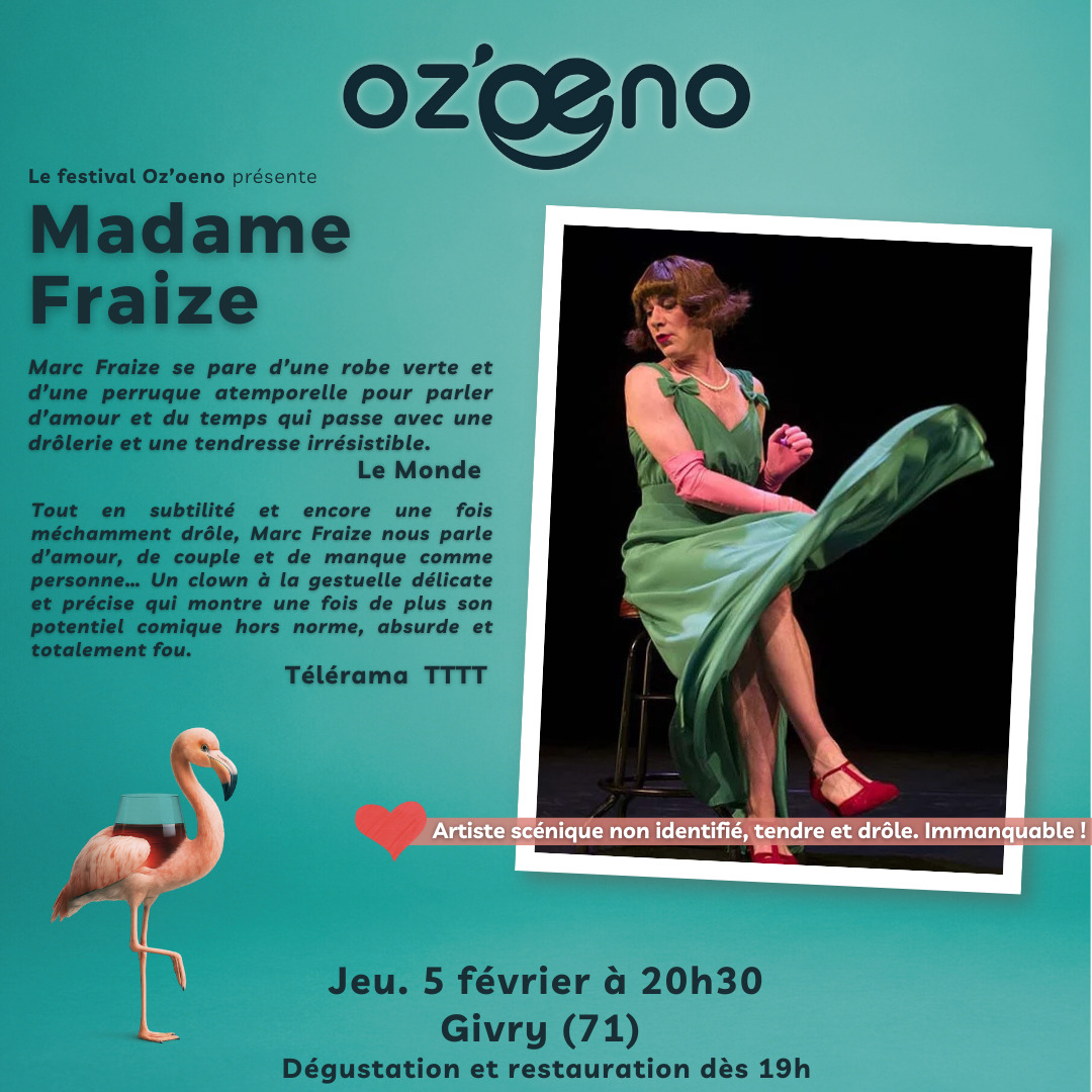Déjà une semaine que la billetterie du @fest.ozoeno est ouverte. Vous êtes très très nombreux à avoir pris vos places.
👠 Le jeudi 5 février nous accueillerons l'immense @marcfraize , 3 ans après son passage remarqué à @espacedesarts . On vous donne rendez-vous pour un moment théâtral unique : délicat, drôle, absurde, indéfinissable... Bref c'est une expérience à vivre !
👗Pour nous rejoindre et la vivre avec nous, rendez-vous sur la billetterie du festival.
.
.
.
. #festival #théâtre #humour #seulenscene #spectacle #evenement #madamefraize #marcfraize #couple #amour #poésie #absurde #givry #legrandchalon #vinsdebourgogne #degustation